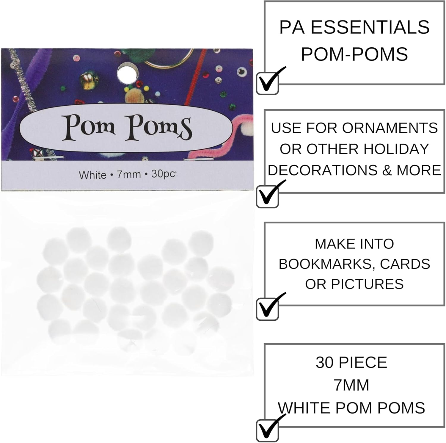 PA Essentials White Pom Pom 7mm 30pc