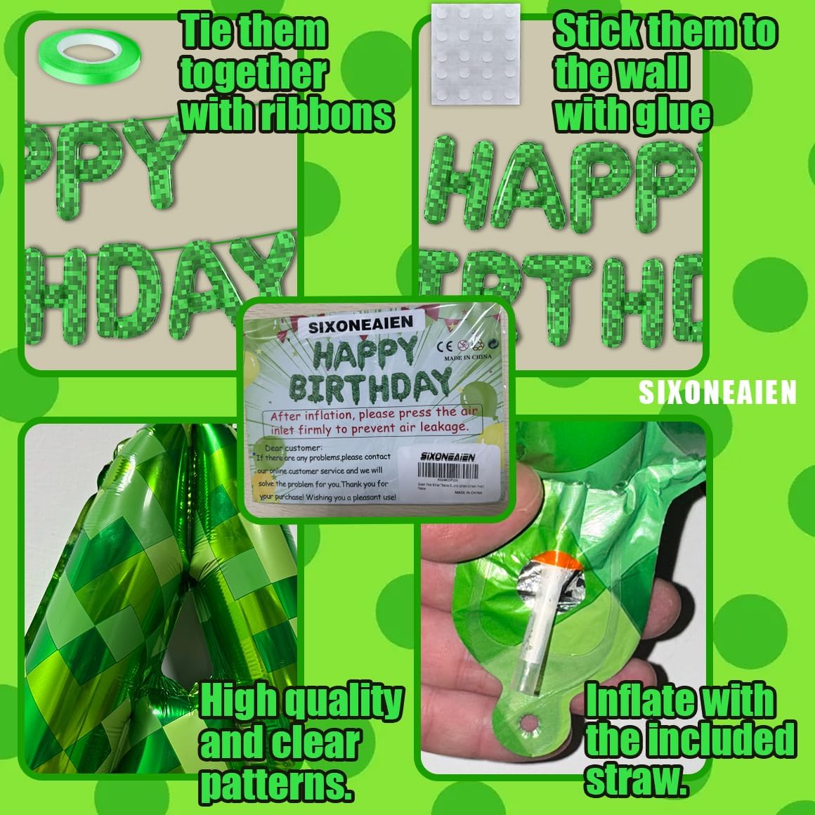 Green Pixel Miner Theme Birthday Foil Balloons