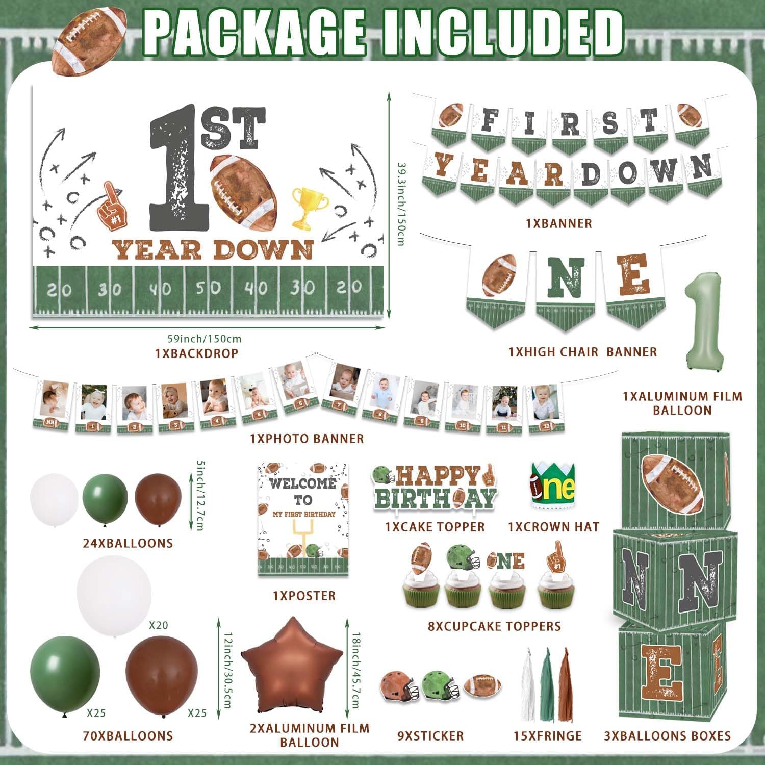 First Year Down Football Birthday Decorations Party Set