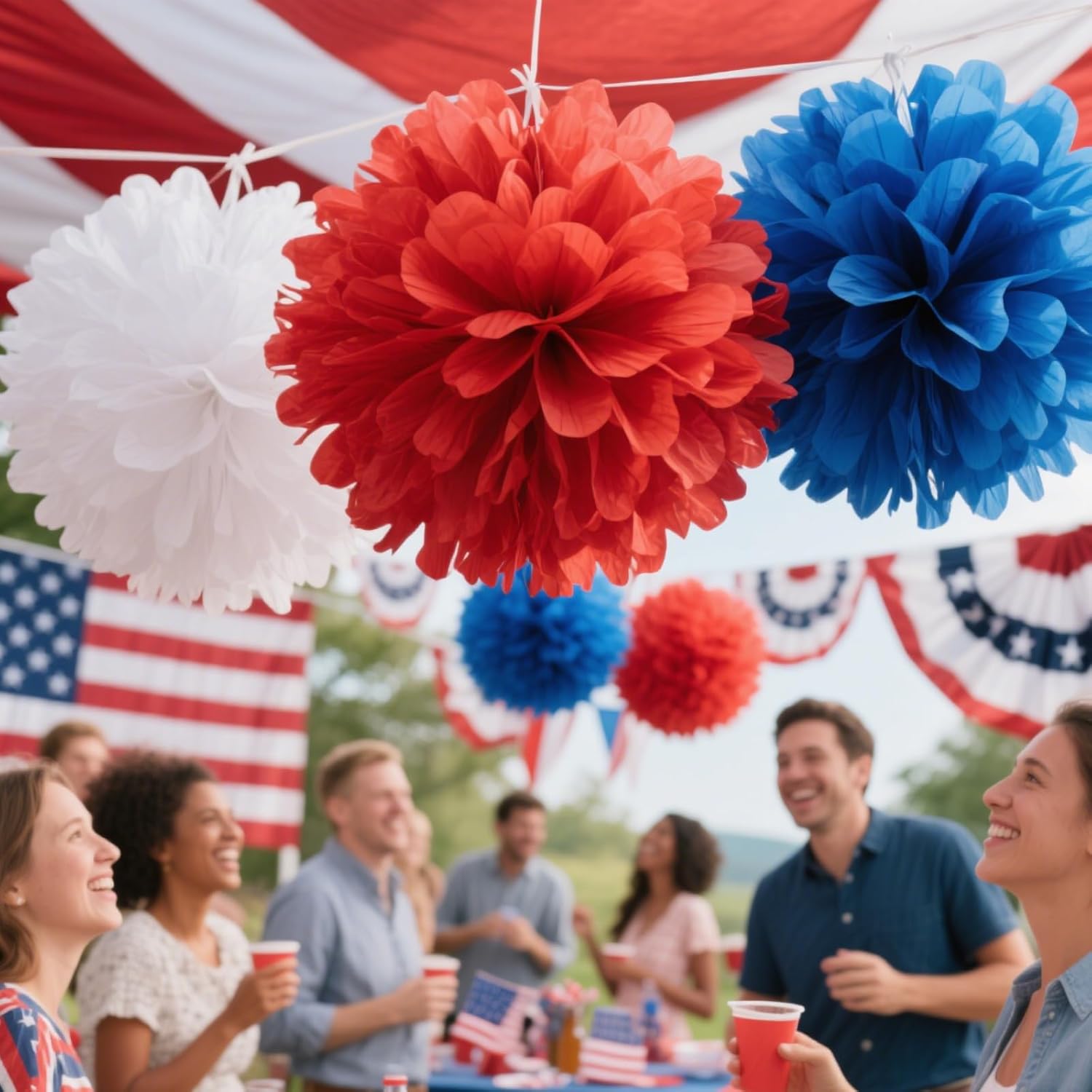 We Moment Red Blue White Paper Pom Poms Decorations 12pcs
