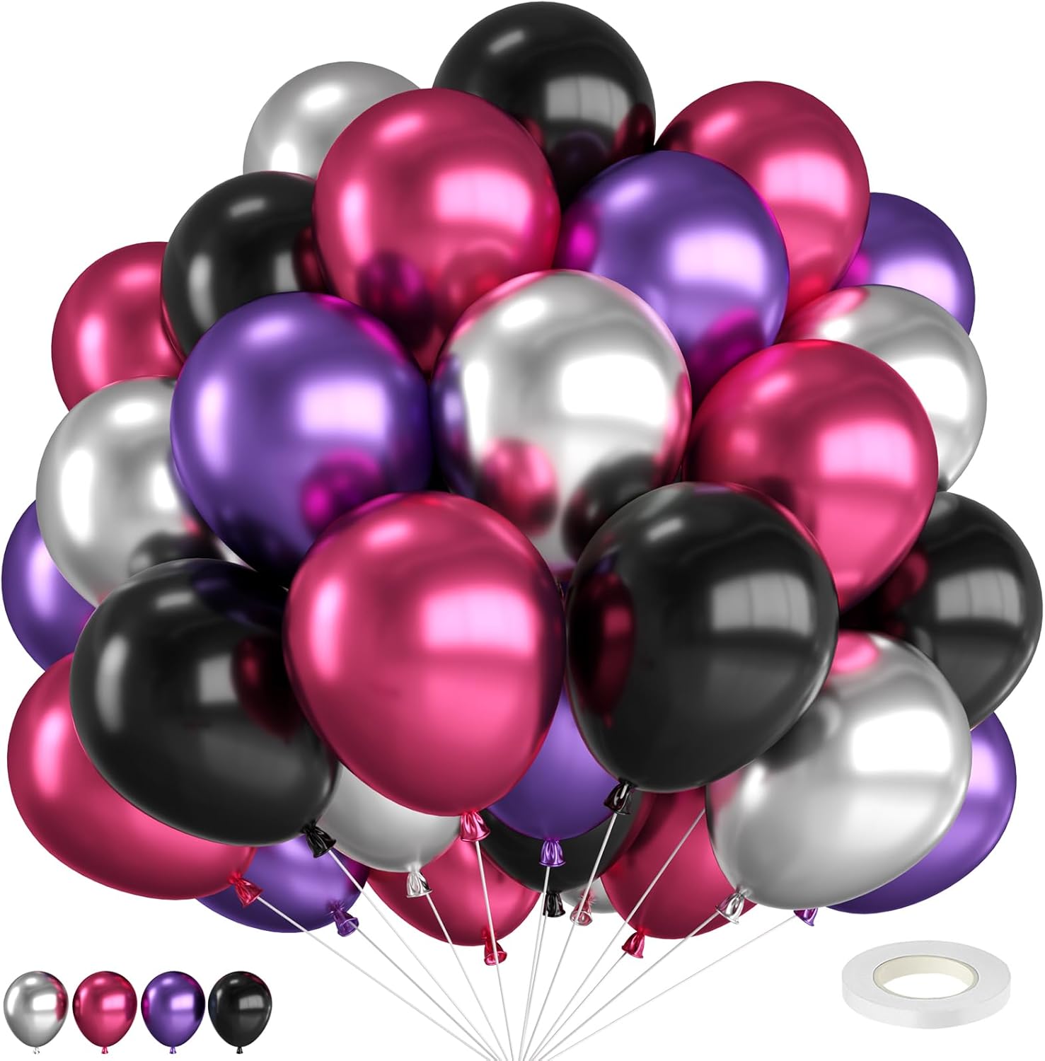 12 Inch Metallic Pink Purple Black and Silver Balloons with Ribbon