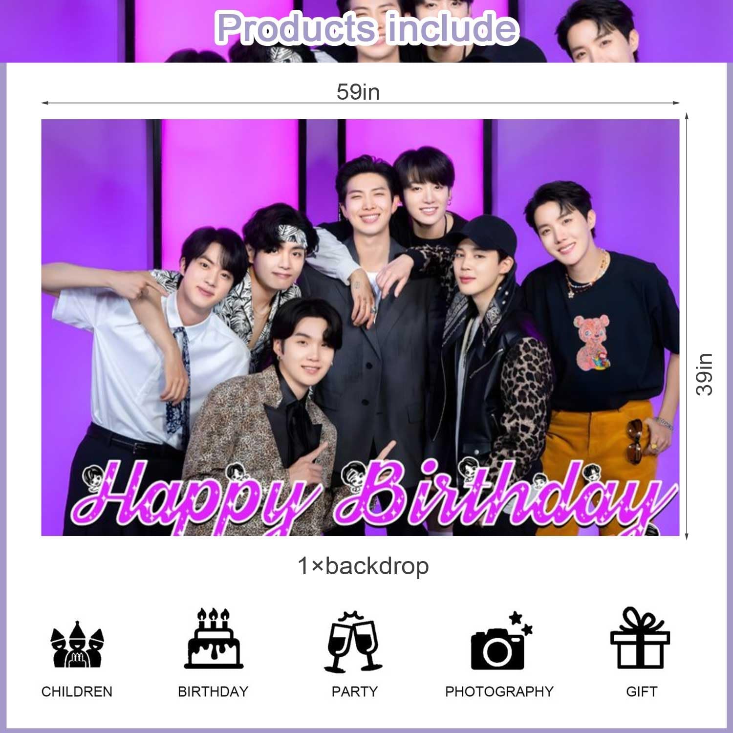 OUDINI Bangtan Boys Birthday Backdrop with Balloons and Party Decor