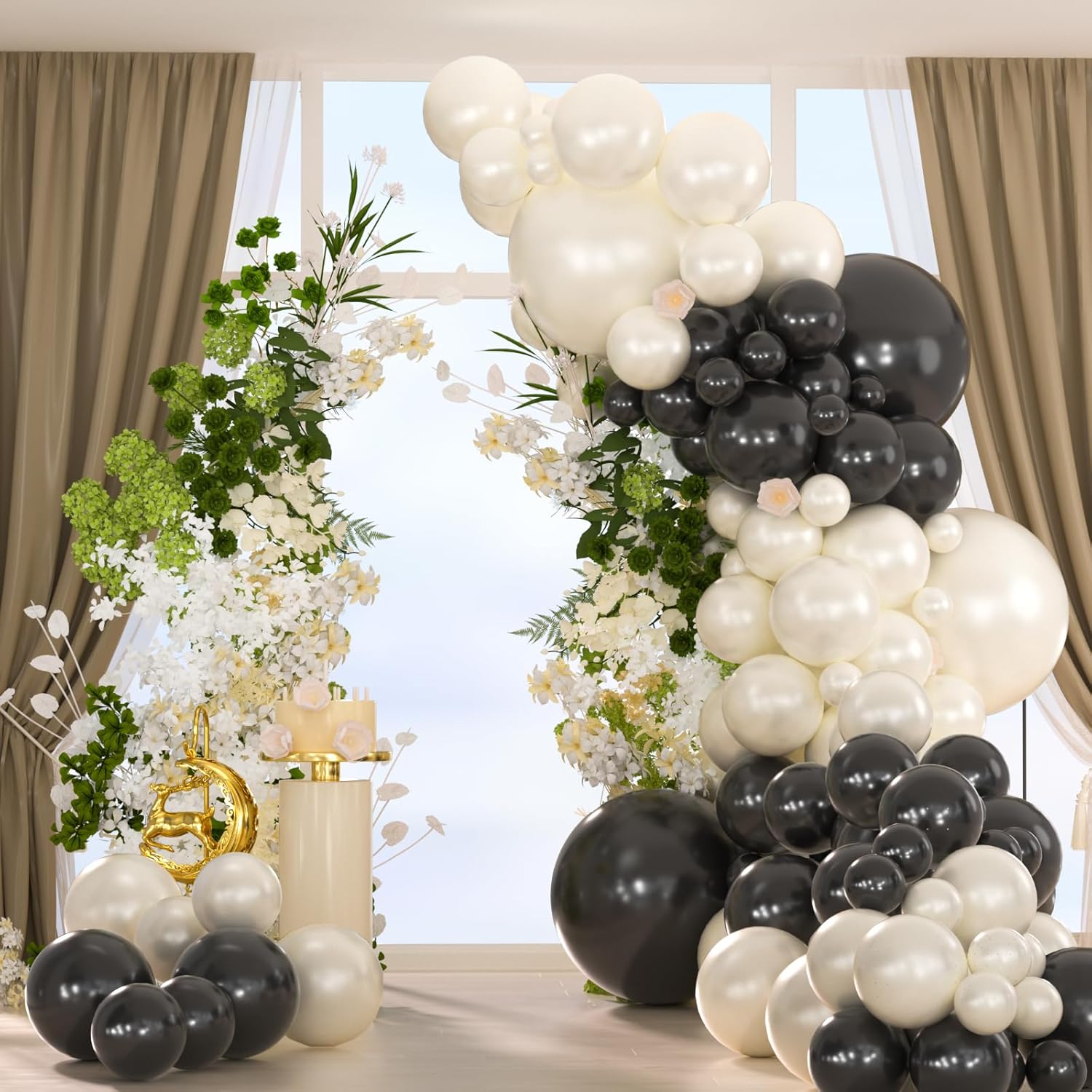 134pcs Double Stuffed Pearl White and Black Balloons Garland Arch Kit