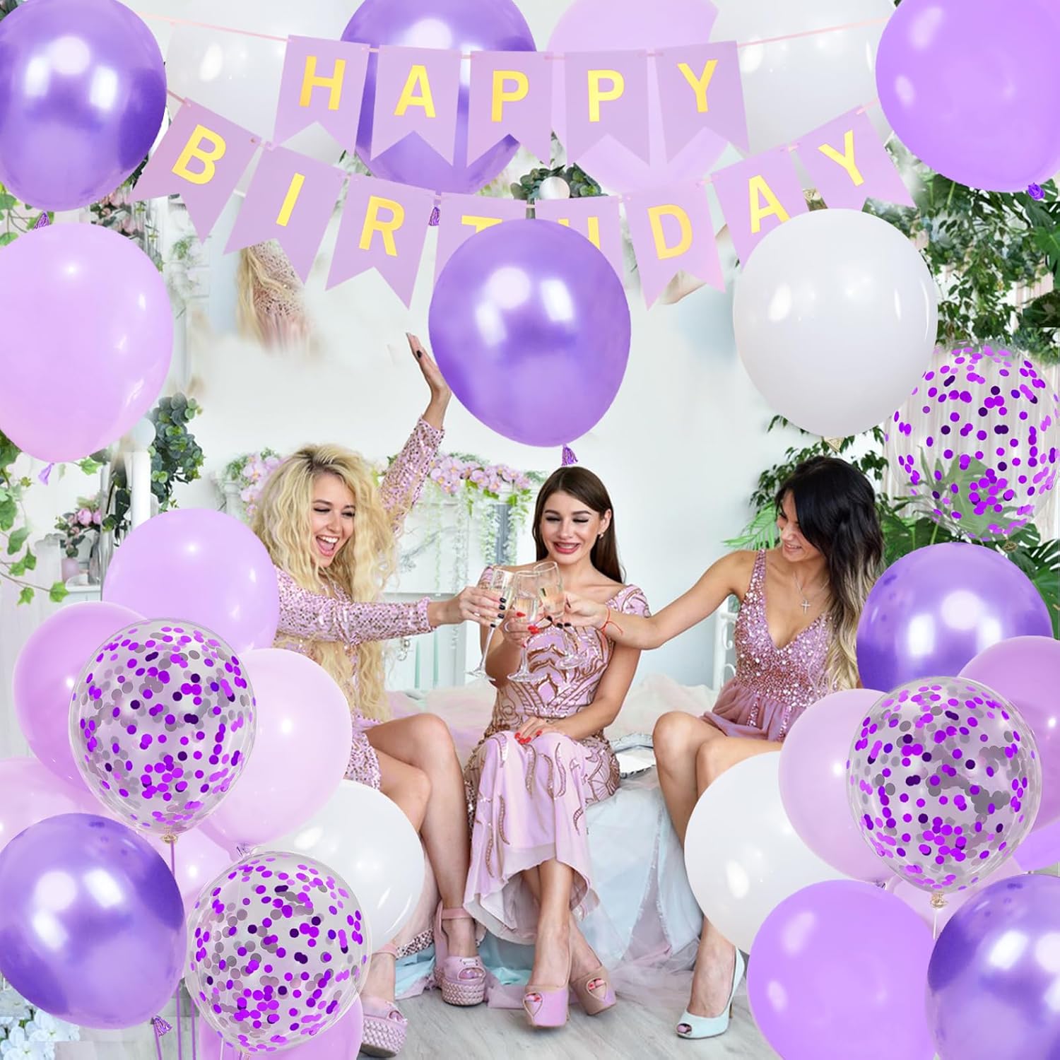 Lavender Purple Balloons Set with Confetti and Ribbons