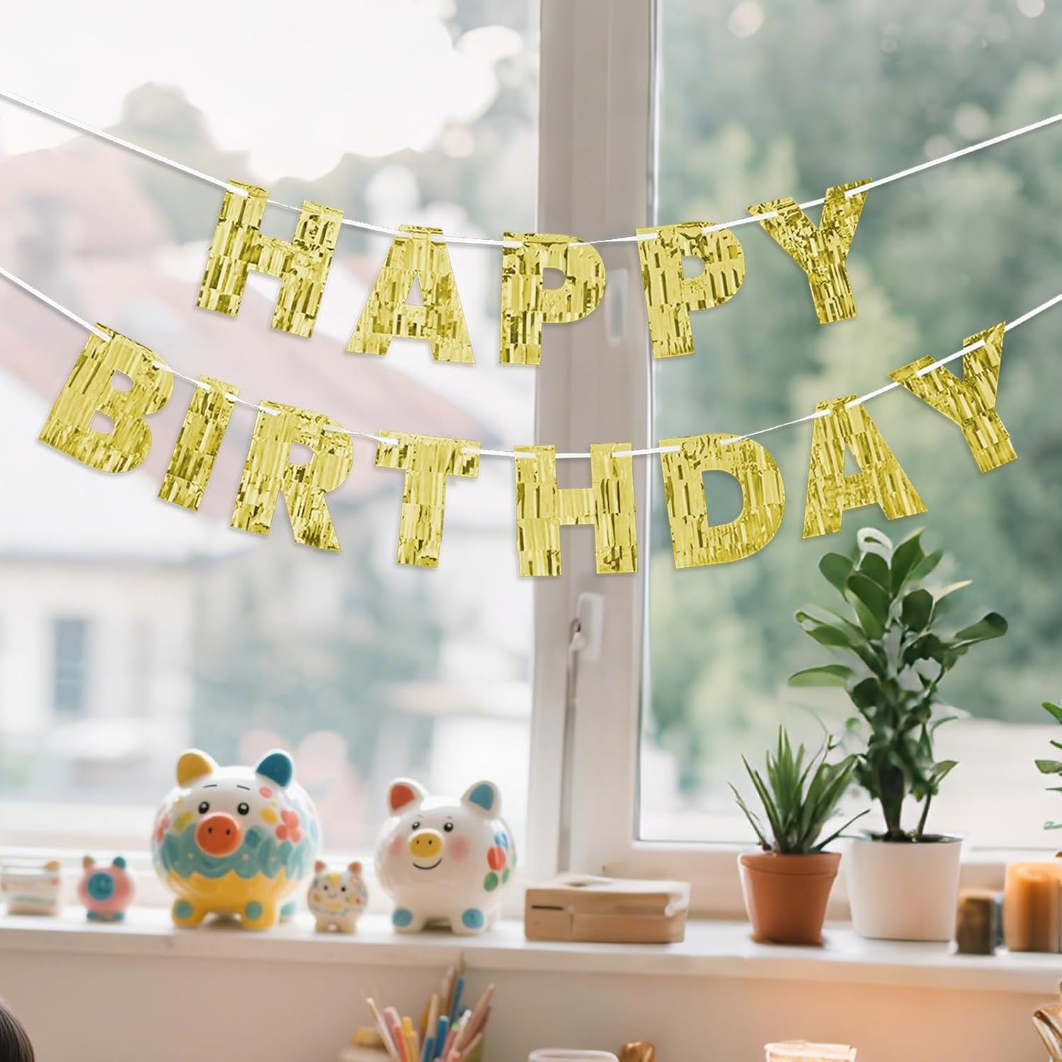 Gold Happy Birthday Banner - 9ft Pre-Strung Foil Garland