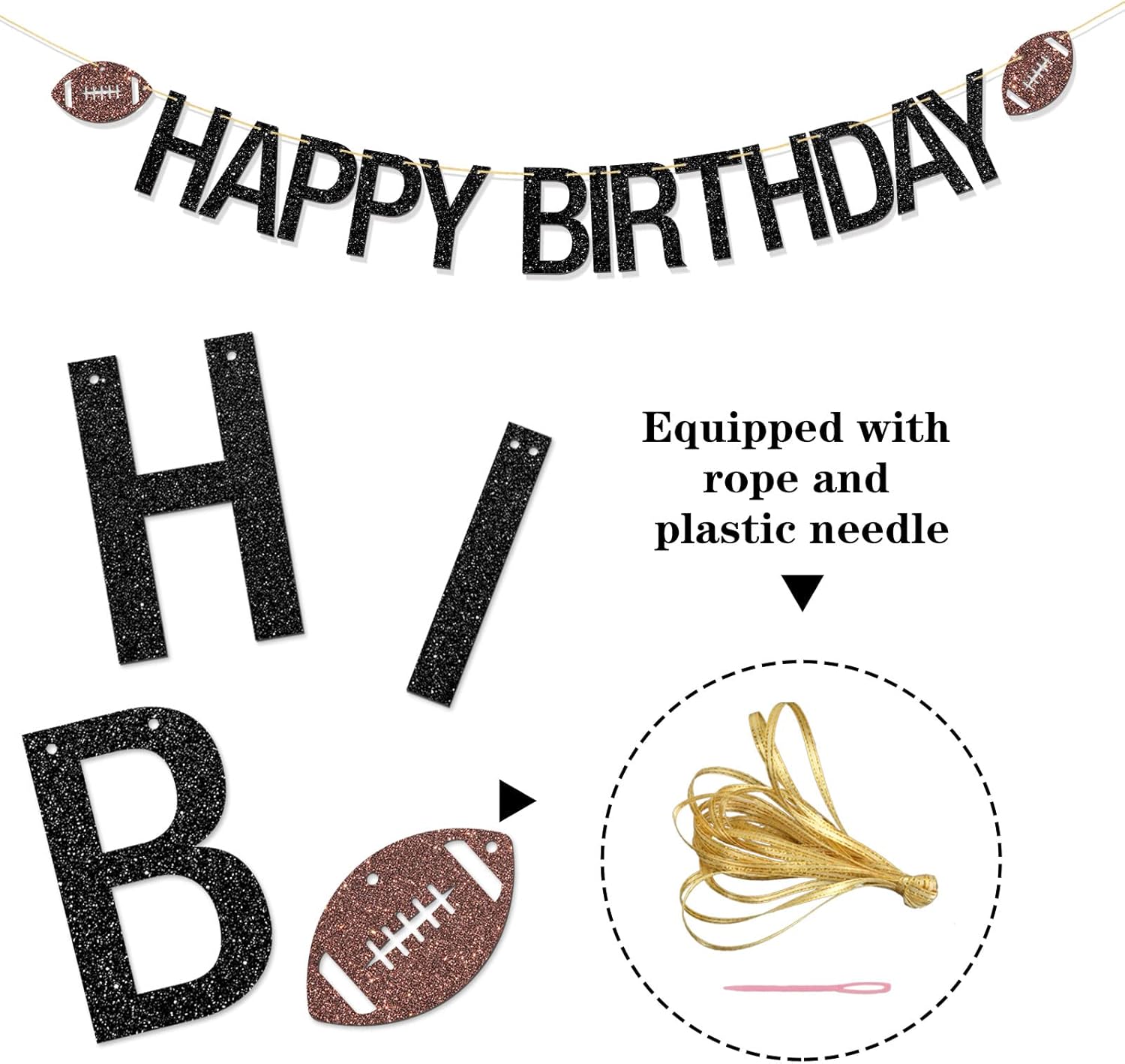 Football Happy Birthday Banner with Black Glitter