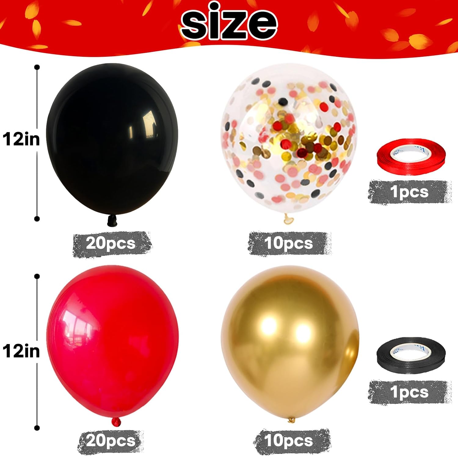 Red Black and Gold Balloons 60 Pack 12 Inches