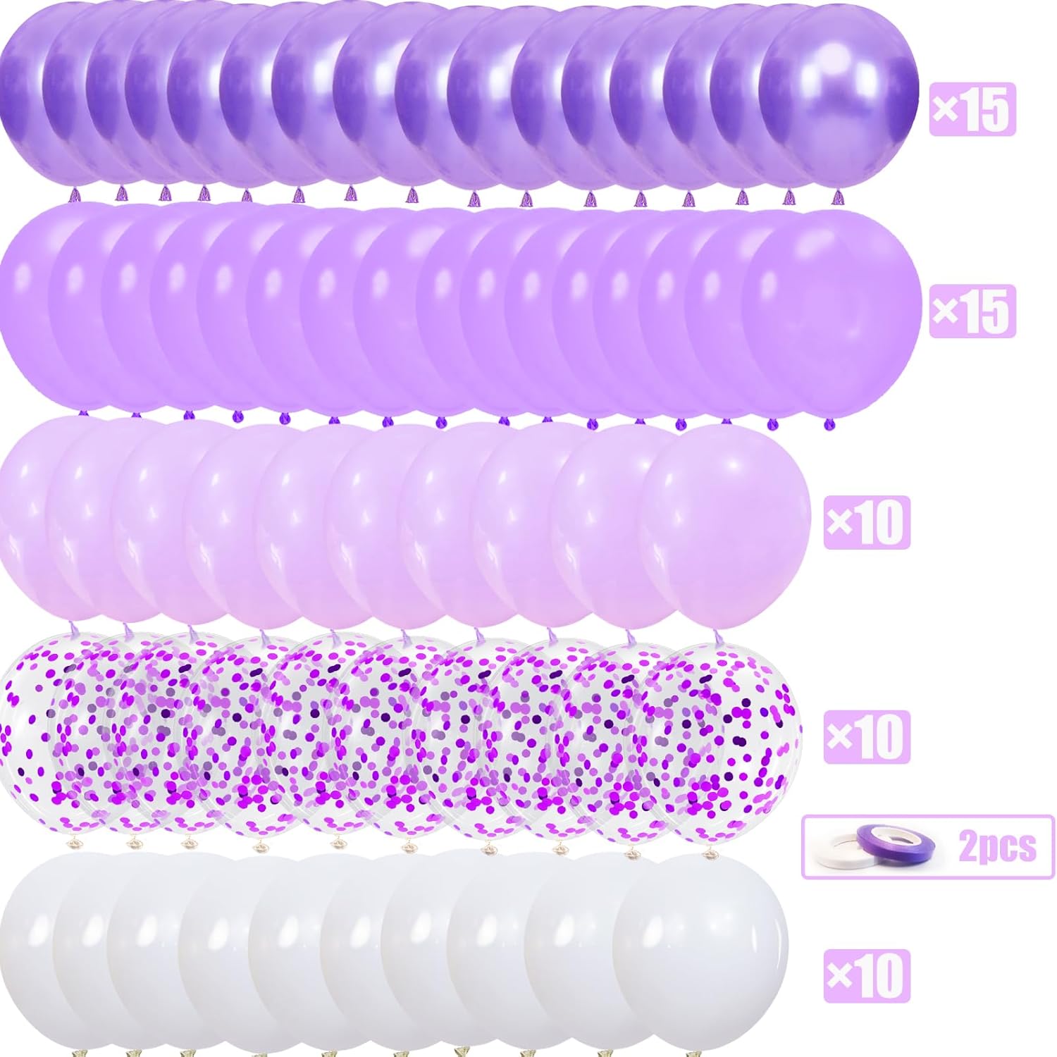 Lavender Purple Balloons Set with Confetti and Ribbons