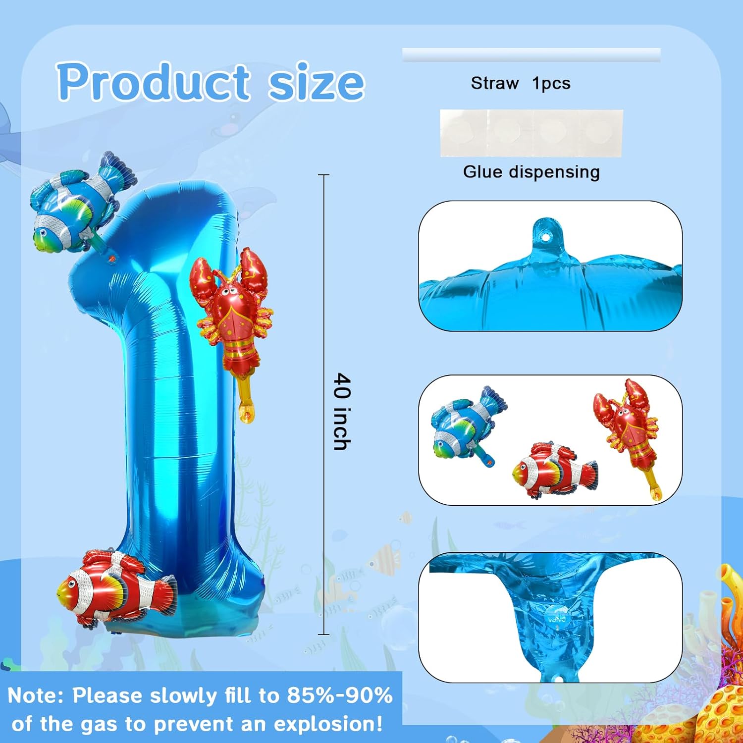 40 Inch Blue Number 1 Balloon with Sea Animal Decor
