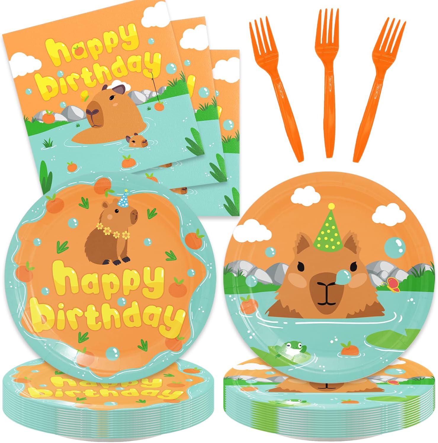 48Pcs Kapybara Cartoon Animal Party Tableware Set for 16 Guests