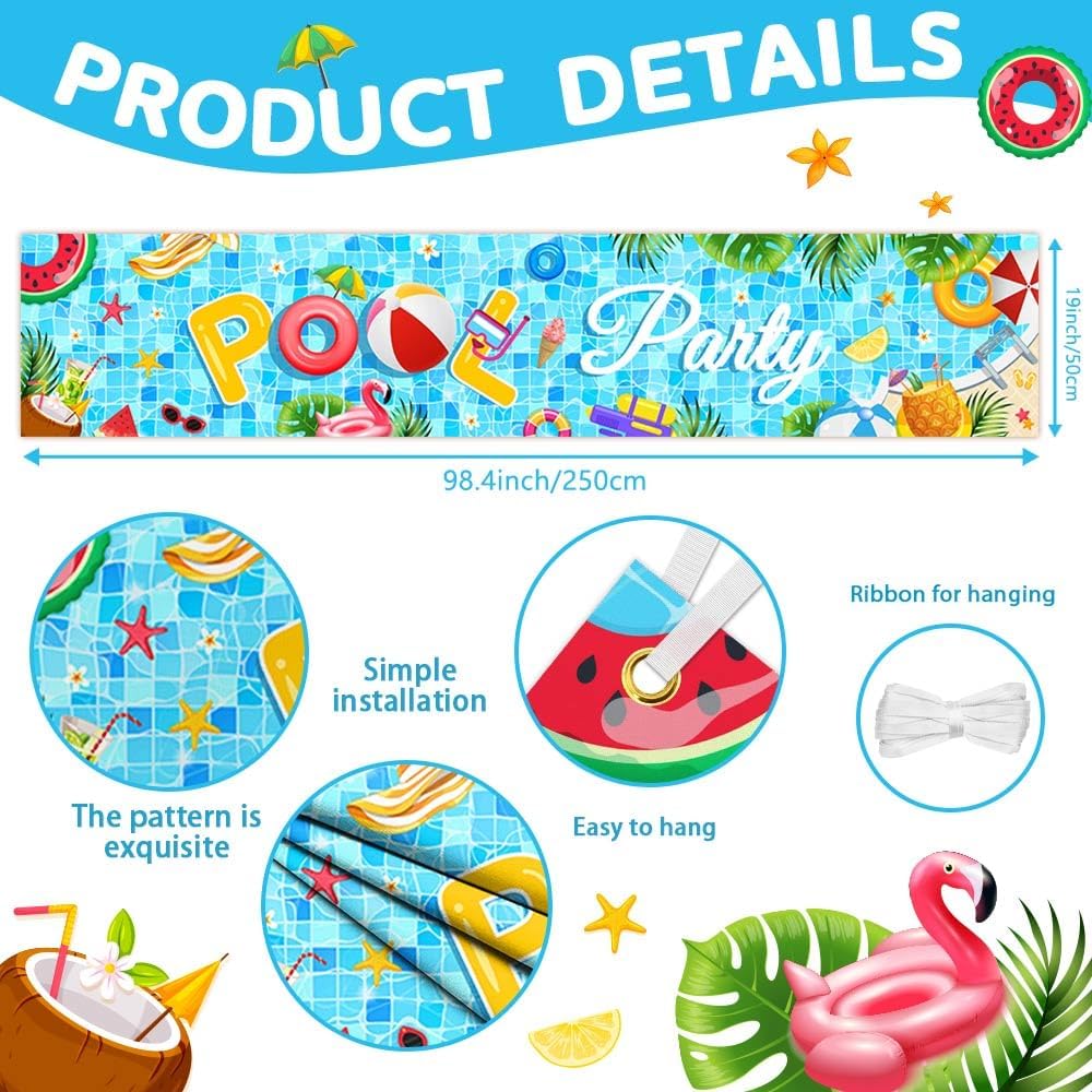 Pool Party Banner 98x20 Inch Summer Decor