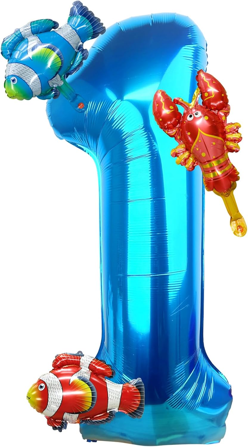 40 Inch Blue Number 1 Balloon with Sea Animal Decor
