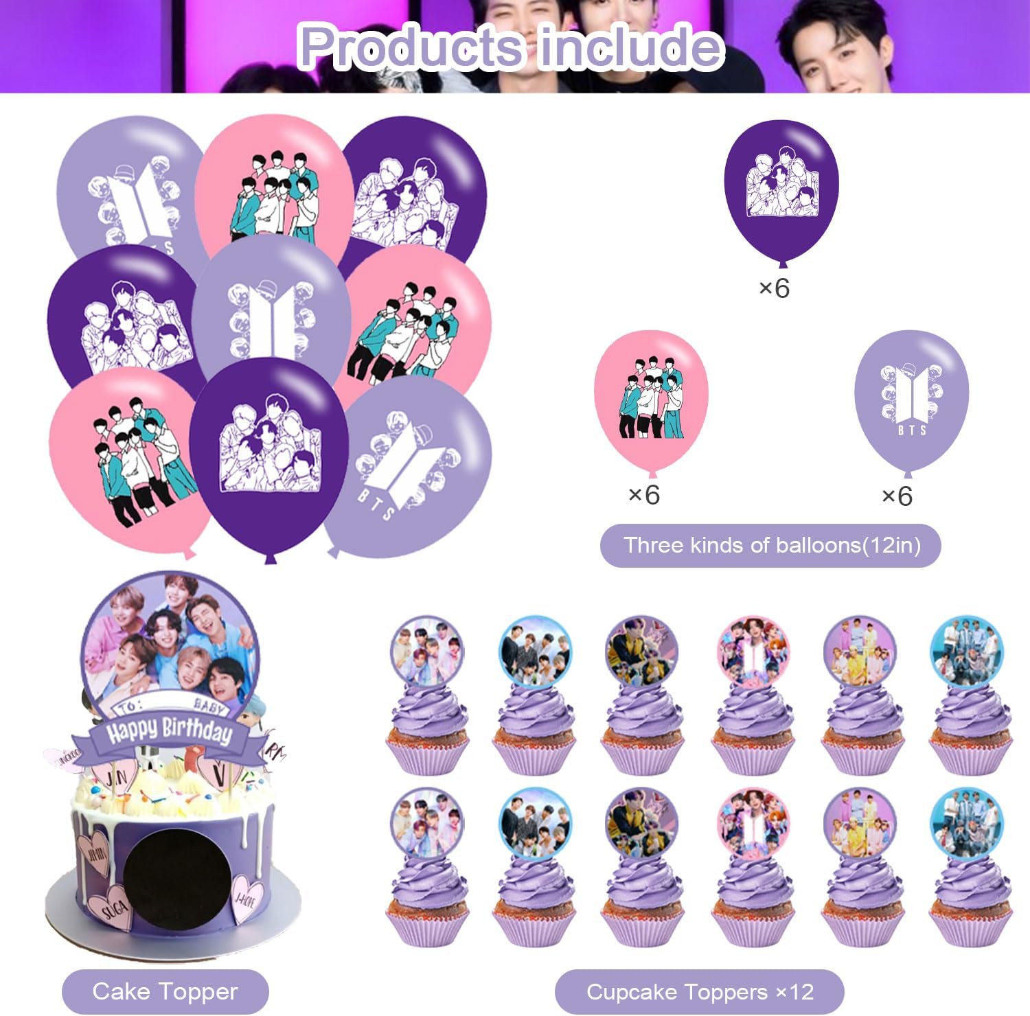 OUDINI Bangtan Boys Birthday Backdrop with Balloons and Party Decor