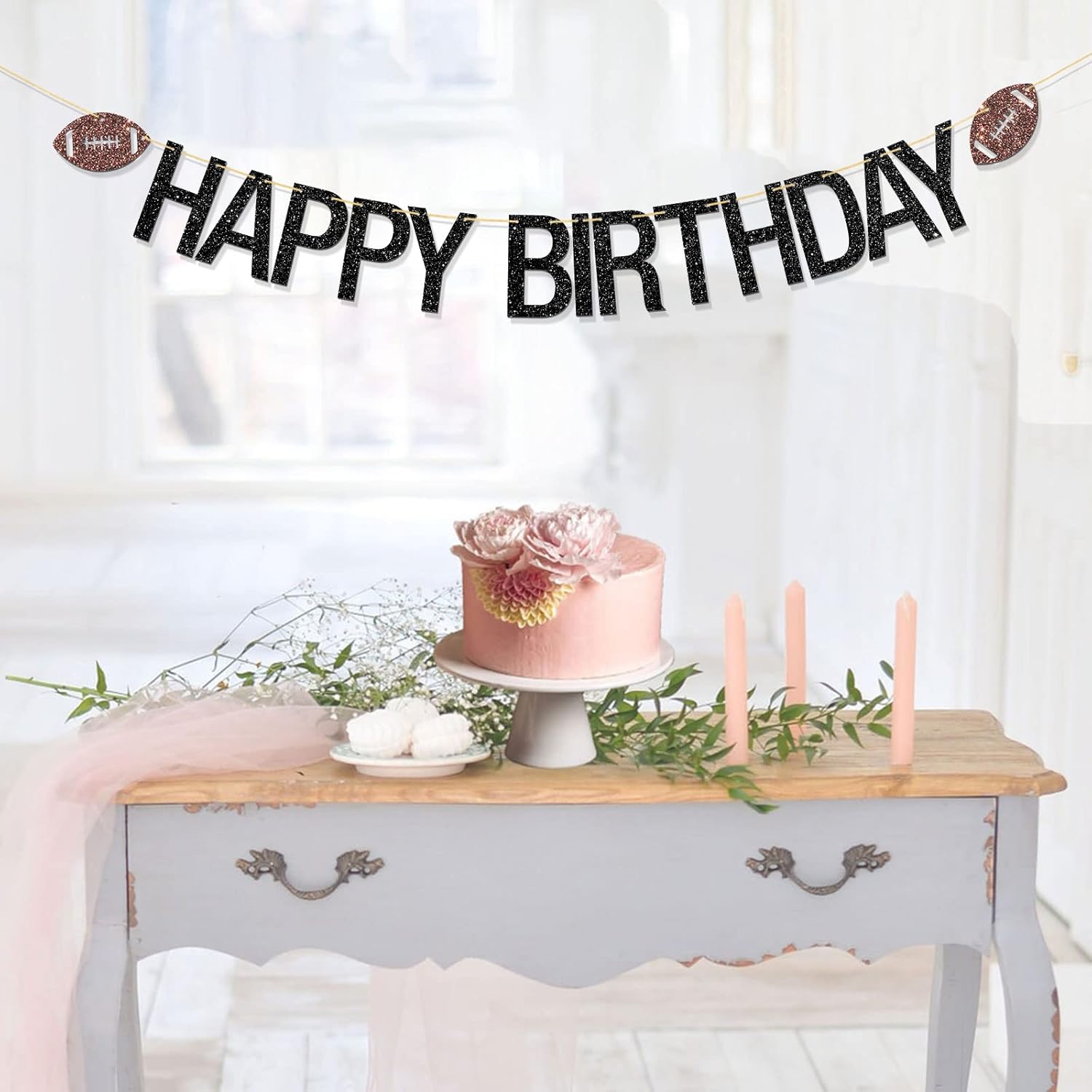 Football Happy Birthday Banner with Black Glitter