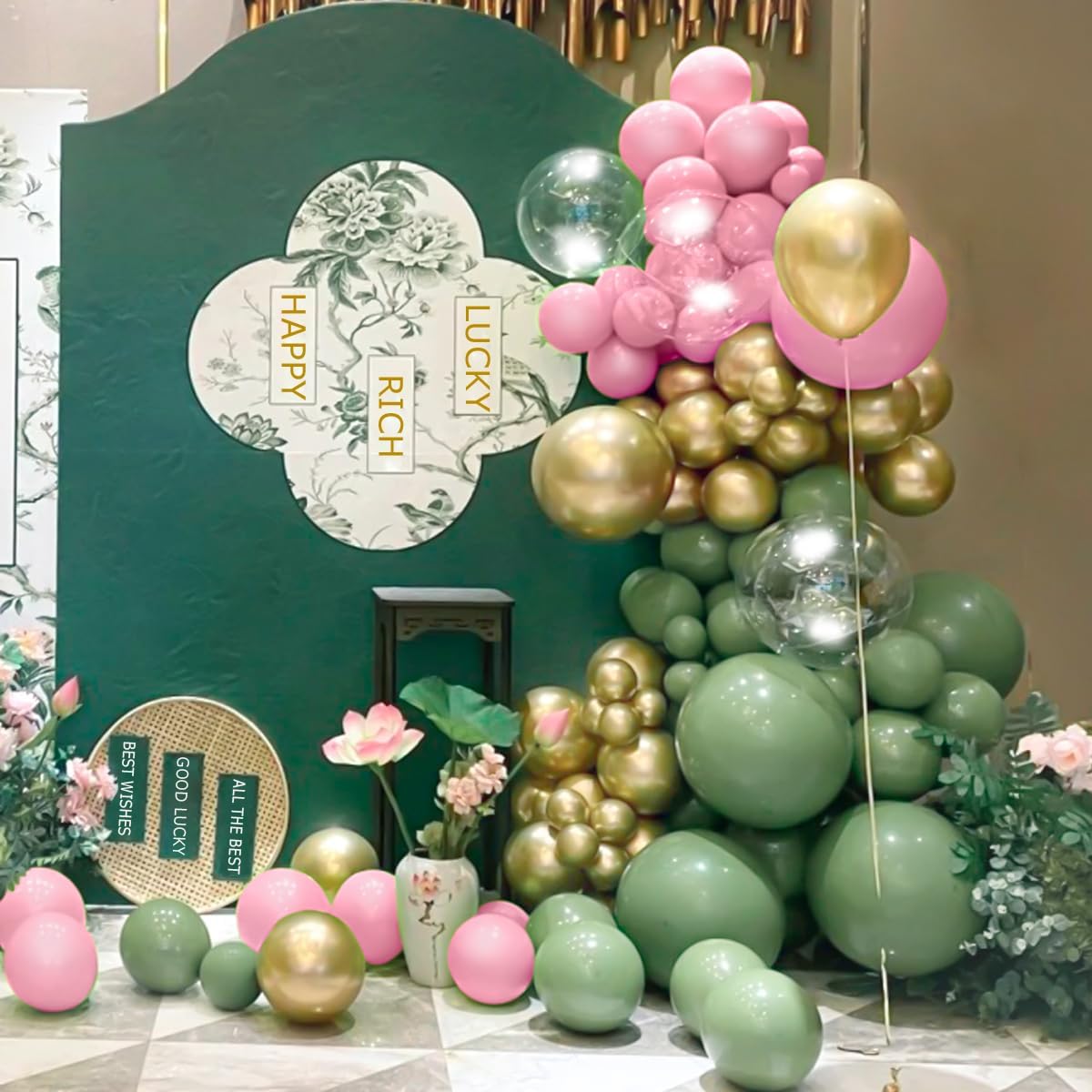 Sage Green Pink Gold Balloon Arch Kit 141Pcs