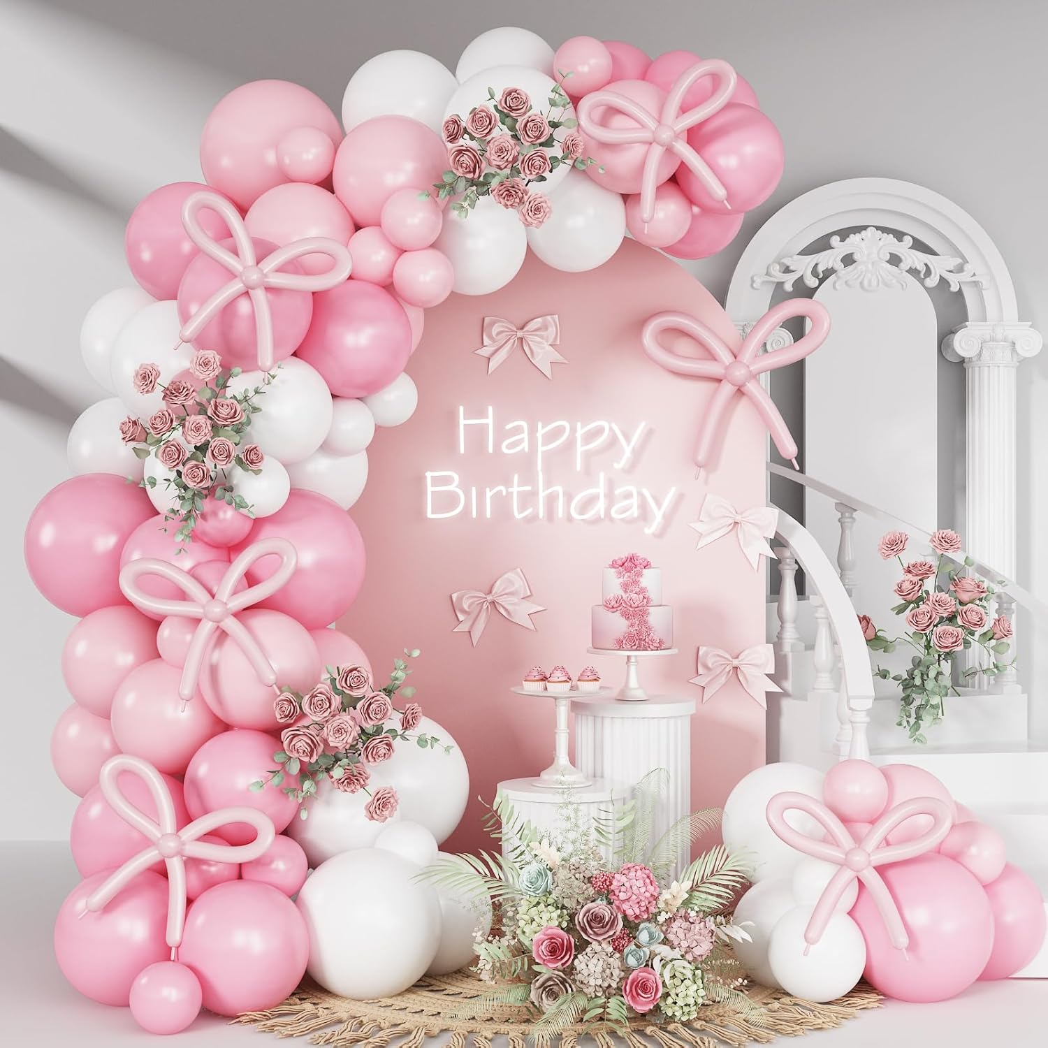 Pink Bow Balloon Arch Kit 91 Pcs Birthday Decor