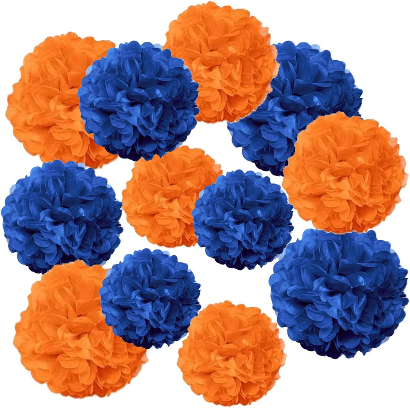 Blue Orange Tissue Pom Poms - 12 pcs Hanging Decorations