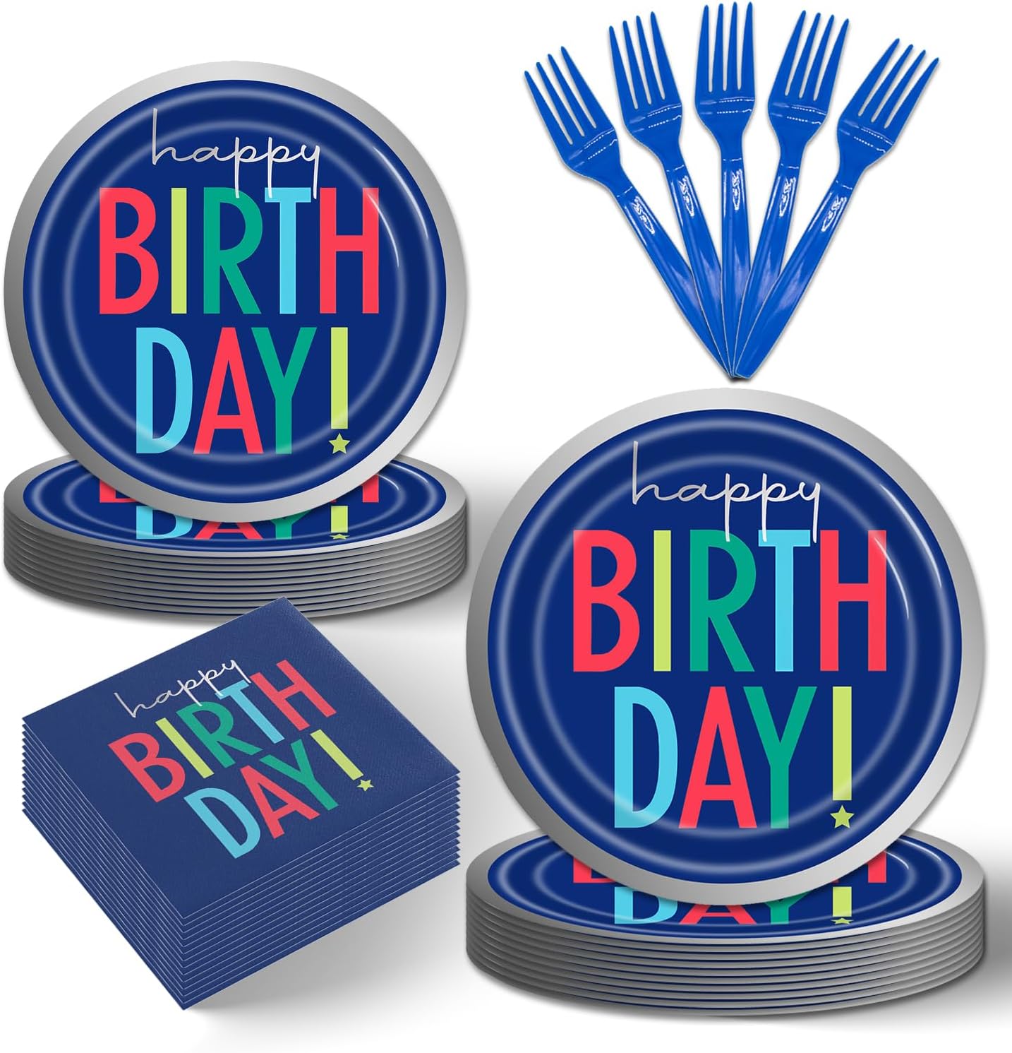 96Pcs Dark Blue Birthday Tableware Set for 24 Guests