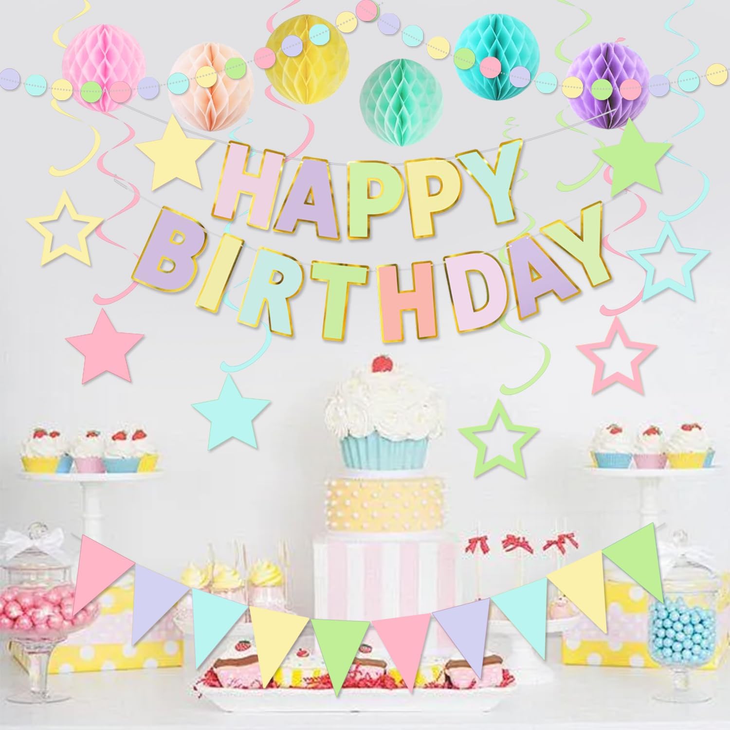 Macaron Birthday Decorations Set - Banners Garland Balls and Streamers