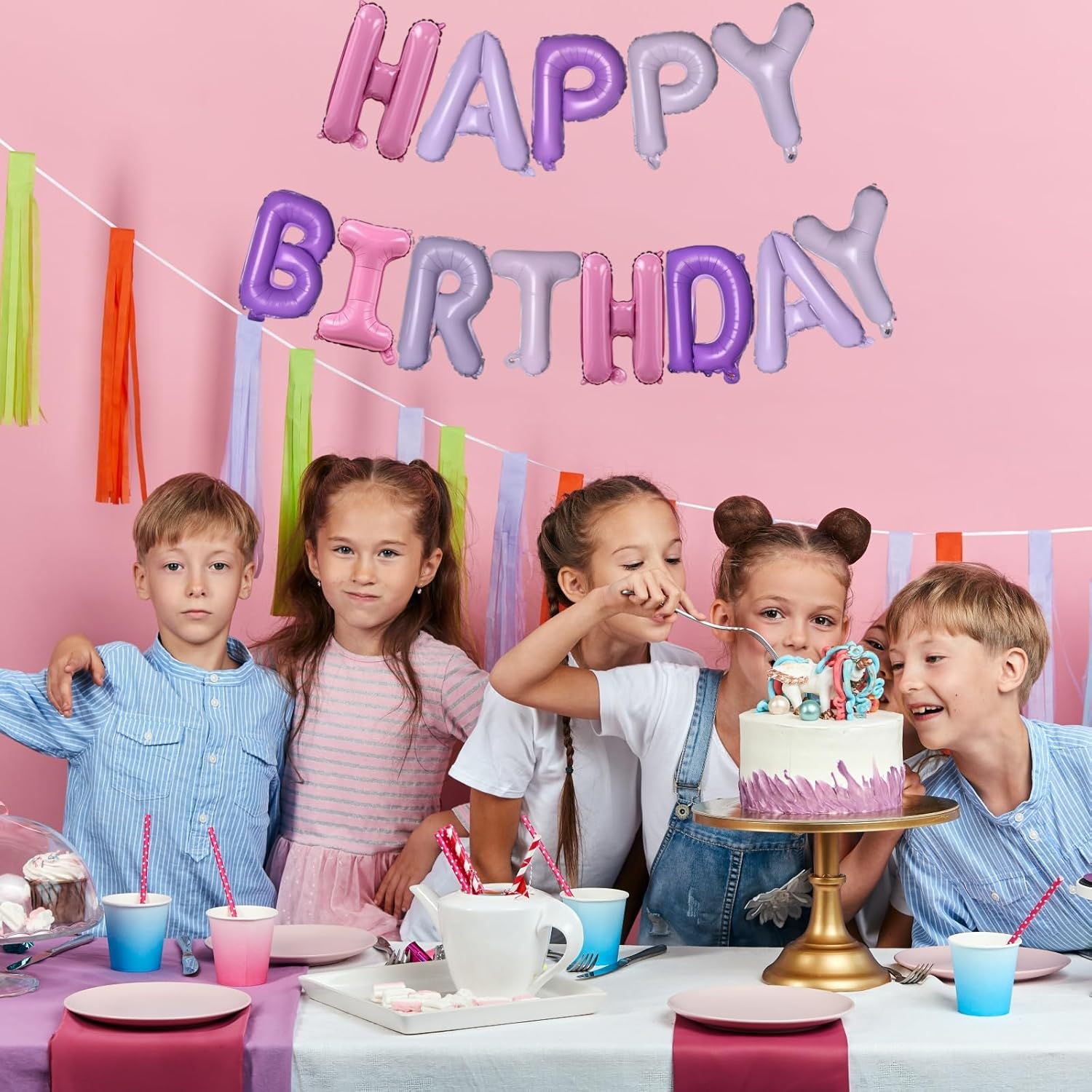 Pink Purple Happy Birthday Balloons Banner 16 Inch Decor