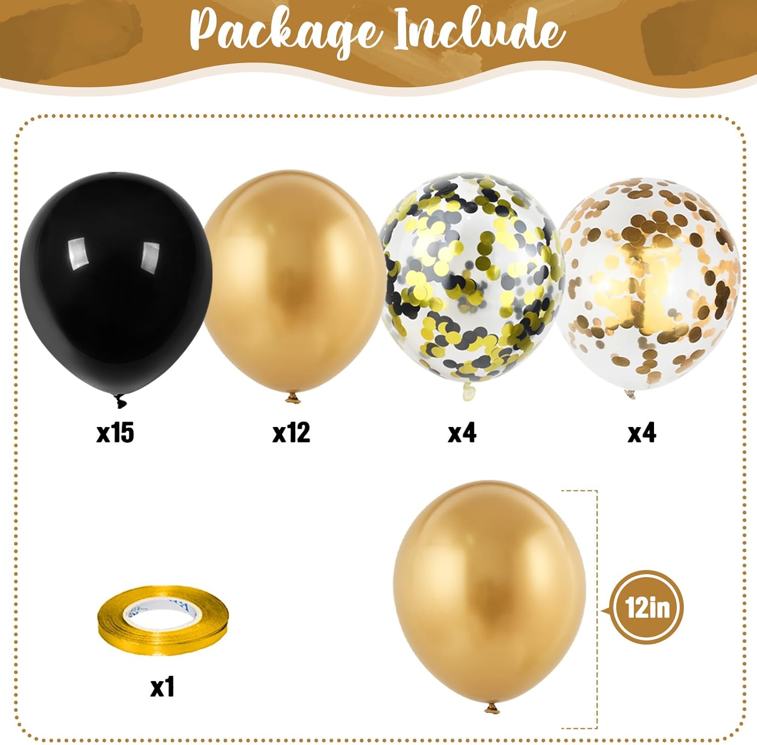 Black and Gold Confetti Balloons 12 Inch Set