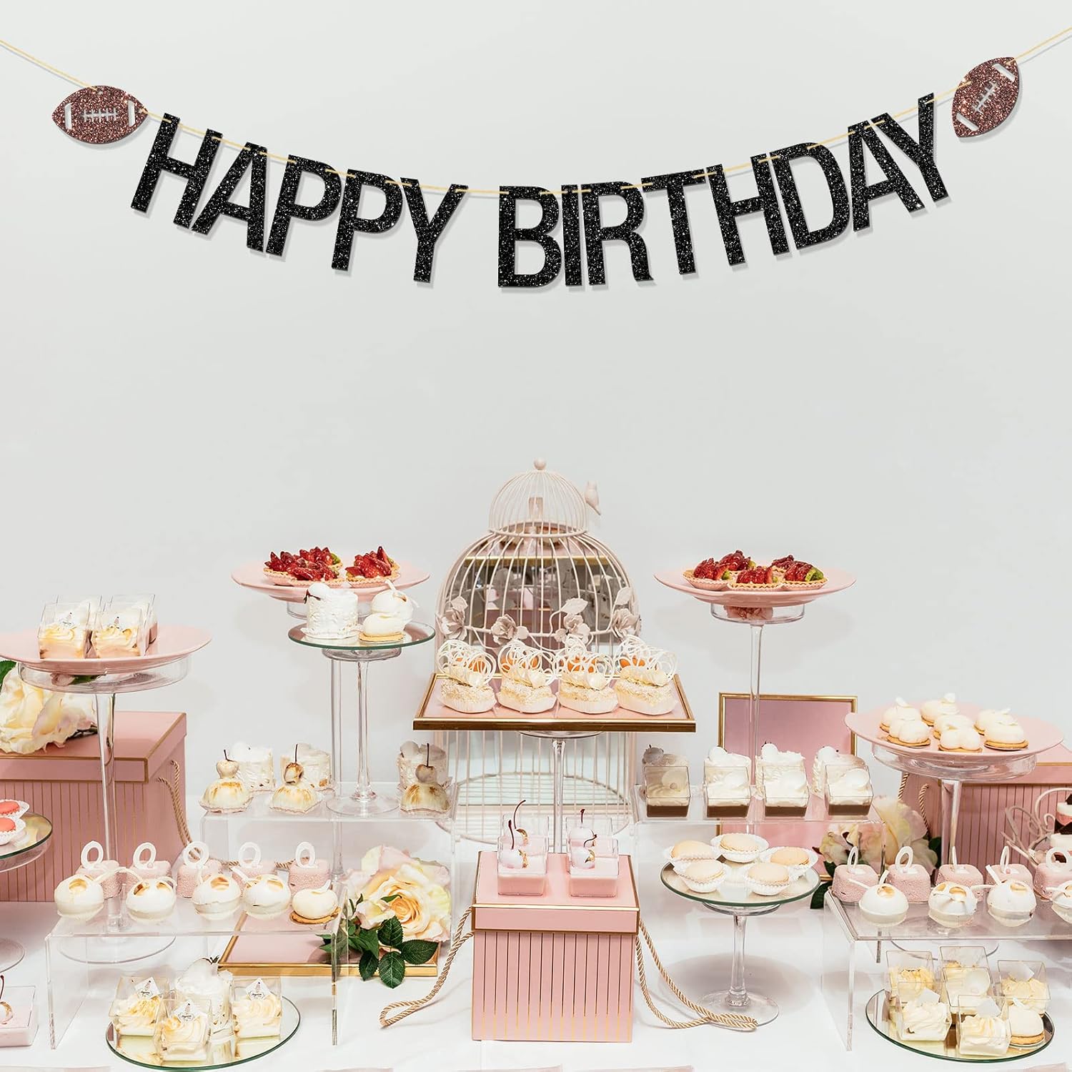Football Happy Birthday Banner with Black Glitter