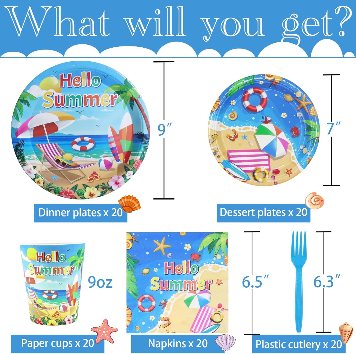 Decodinli 20 Piece Beach Party Tableware Set