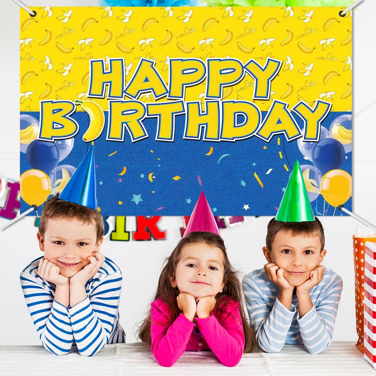 Birthday Party Backdrop Banner with Balloons Yellow Blue Design
