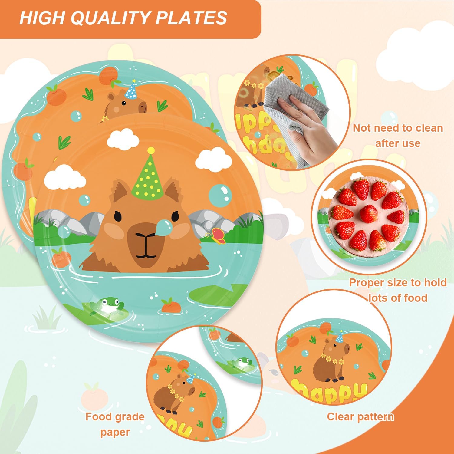 48Pcs Kapybara Cartoon Animal Party Tableware Set for 16 Guests