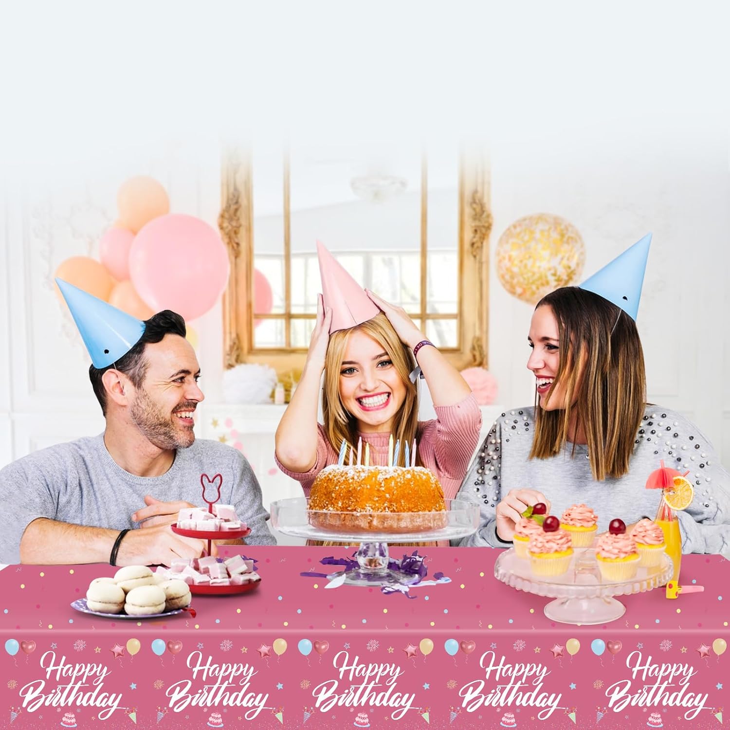 Happy Birthday Tablecloth Decorations 2Pcs Hot Pink Waterproof 108x54 Inch
