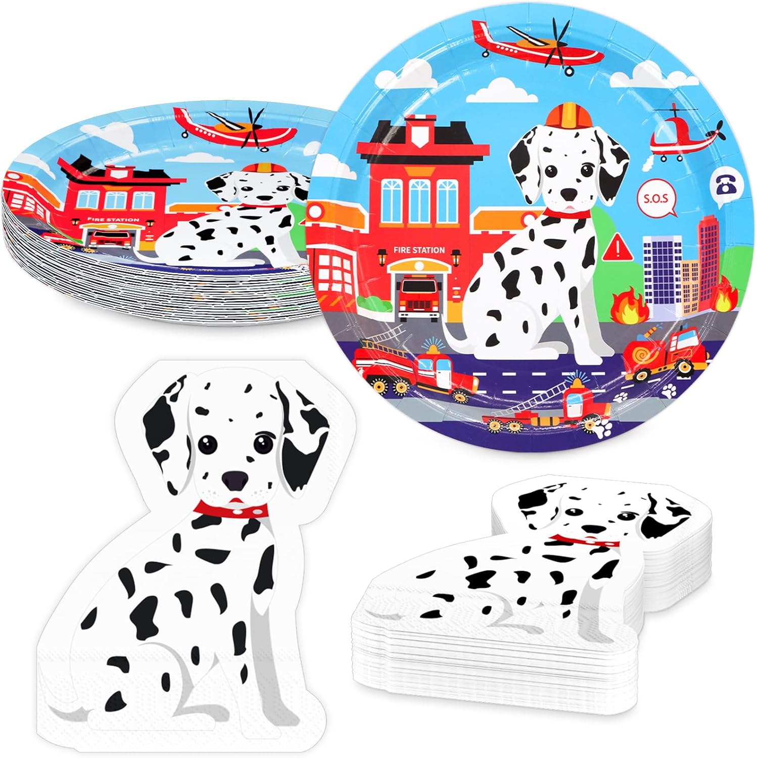DYLIVeS Fire Truck Plates Napkins Set for 16 Guests