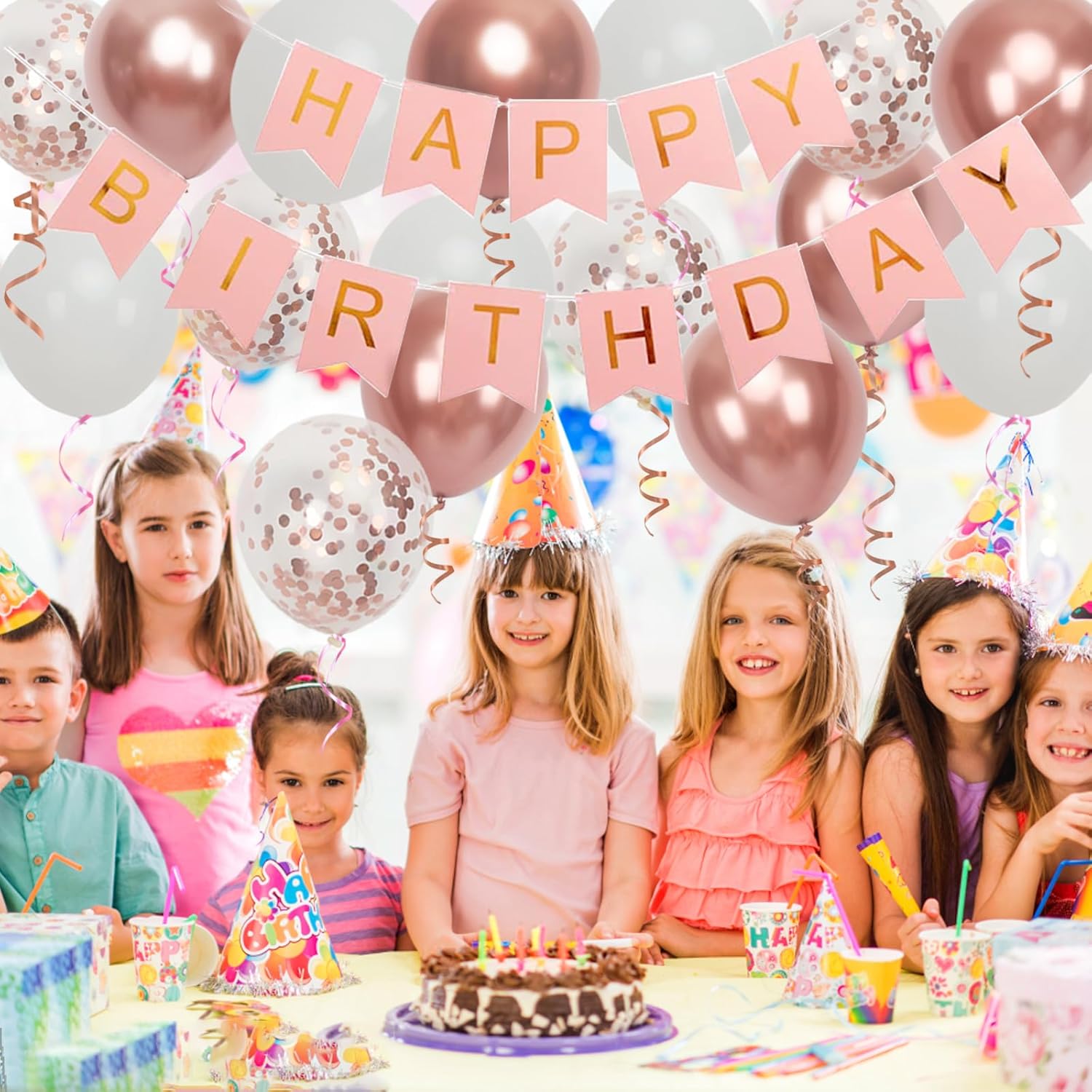 Rose Gold Birthday Banner with 16 Balloons and Ribbons