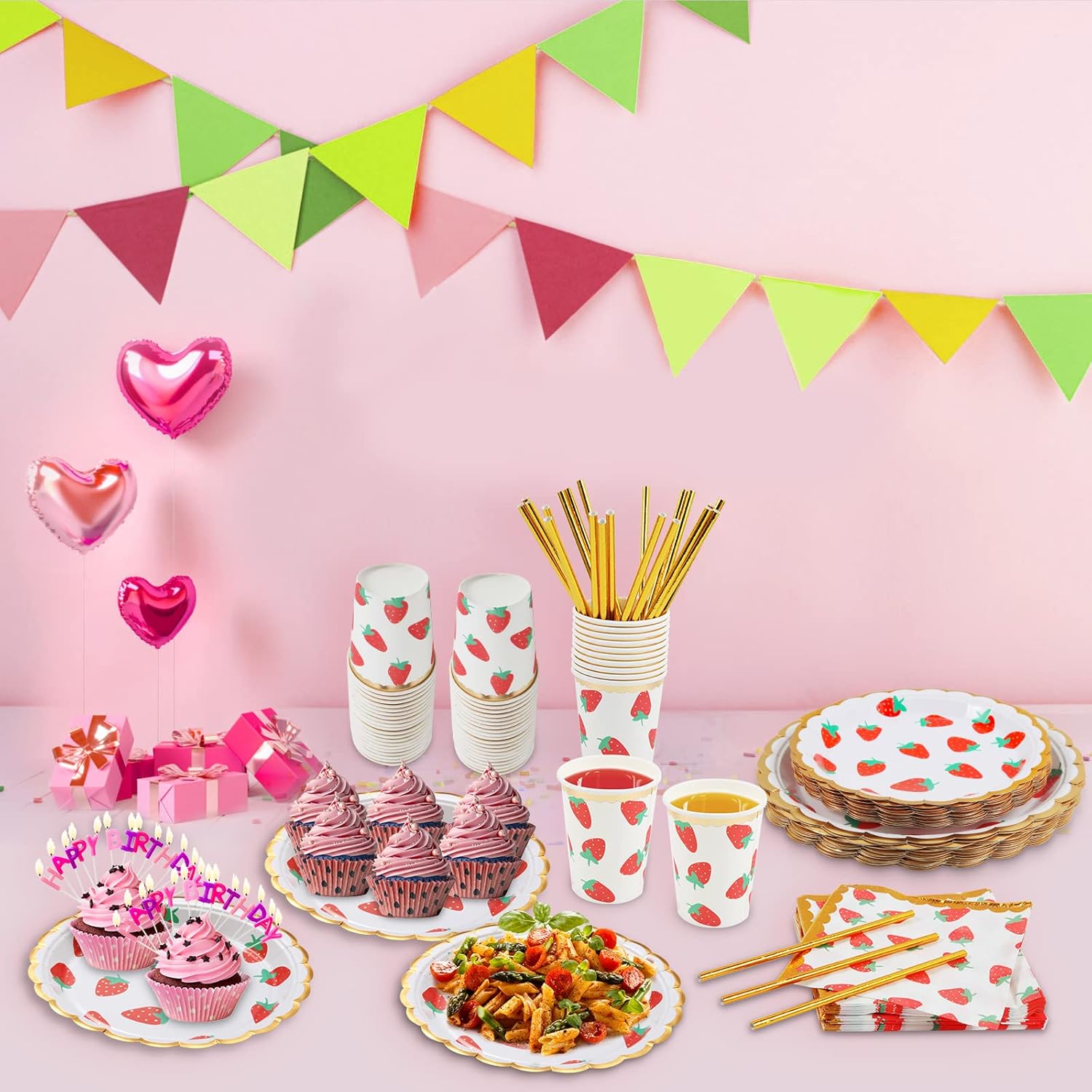 PULNDA Strawberry Disposable Tableware Set 120 Pieces