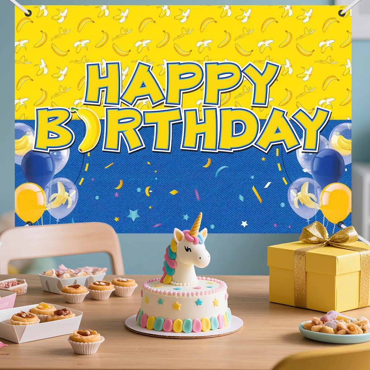 Birthday Party Backdrop Banner with Balloons Yellow Blue Design
