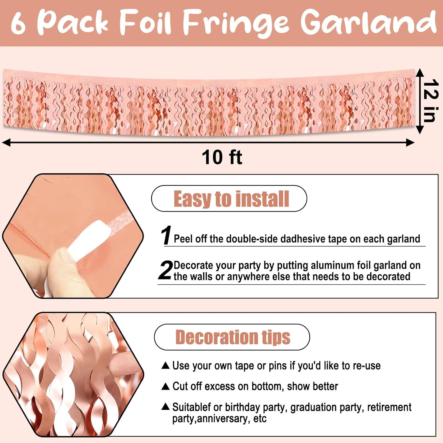 6 Pack 10 Feet Rose Gold Wave Foil Garland