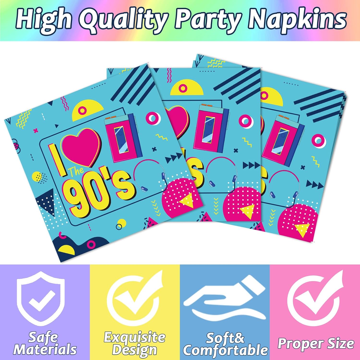 CHUNNIN 50Pcs Retro 90s Party Plates and Napkins Set