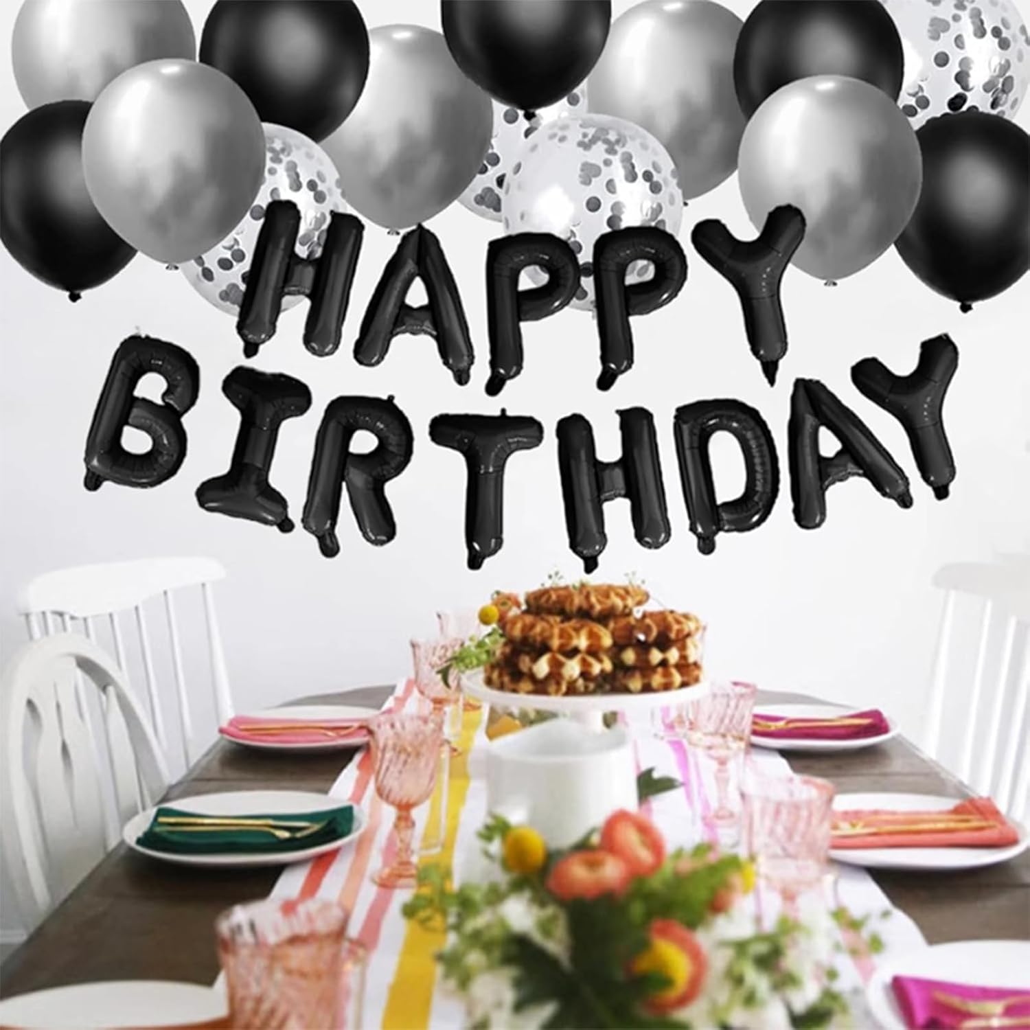 31PCS Birthday Balloons Decor Kit Black Silver Foil