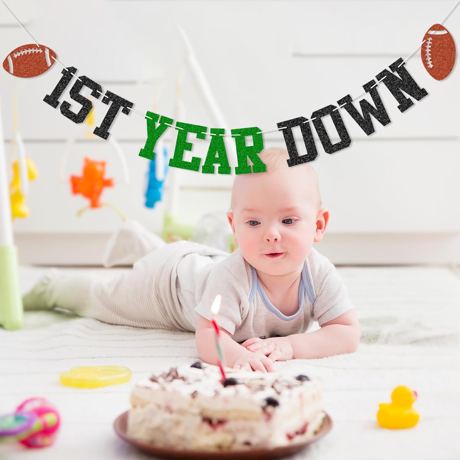 1st Year Down Football Birthday Banner Decor