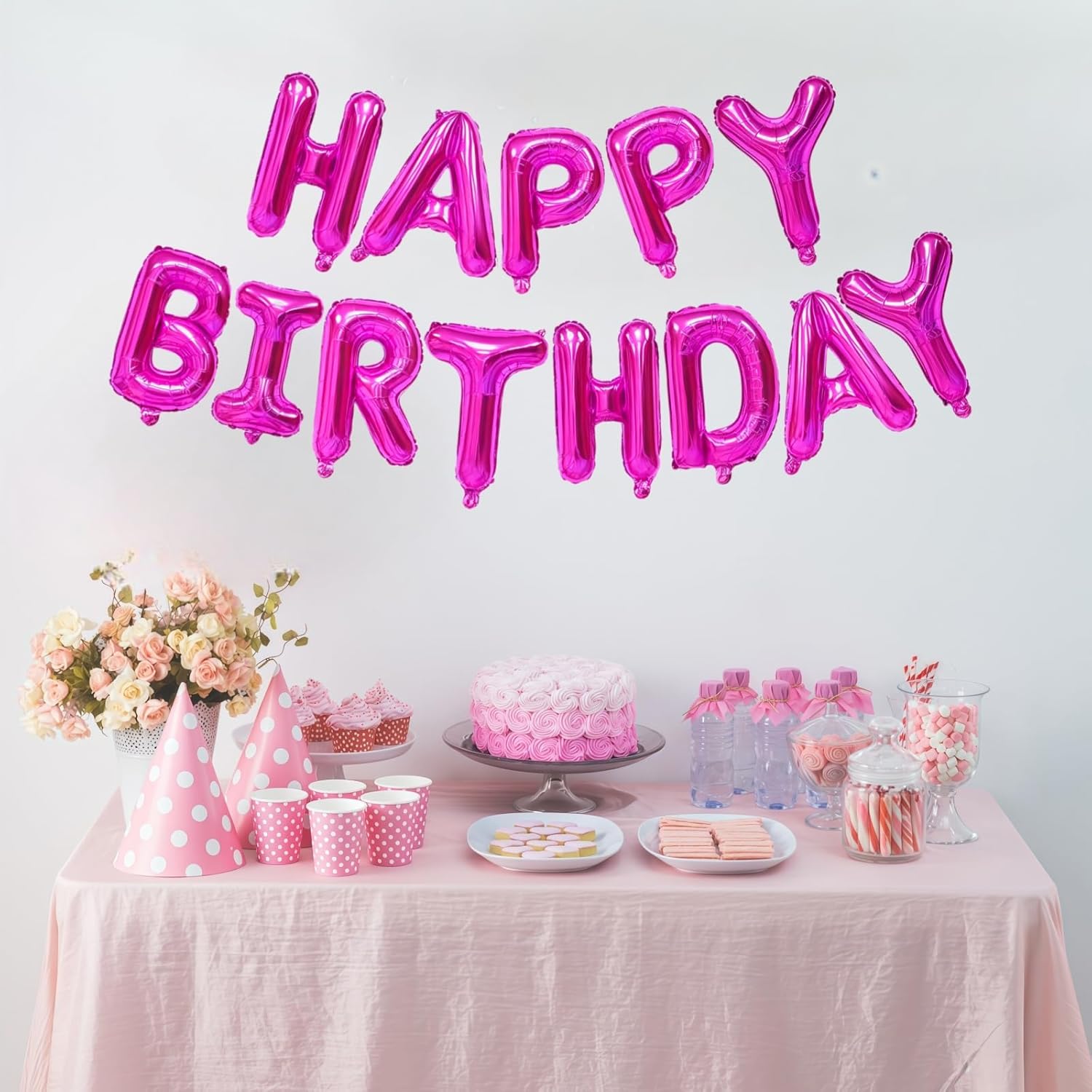 Hot Pink Happy Birthday Balloons Banner for Parties