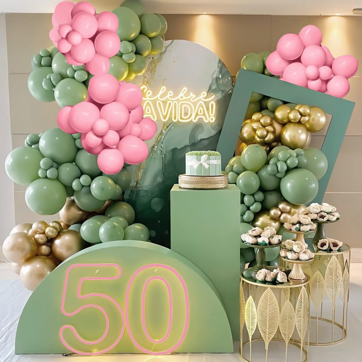 Sage Green Pink Gold Balloon Arch Kit 141Pcs