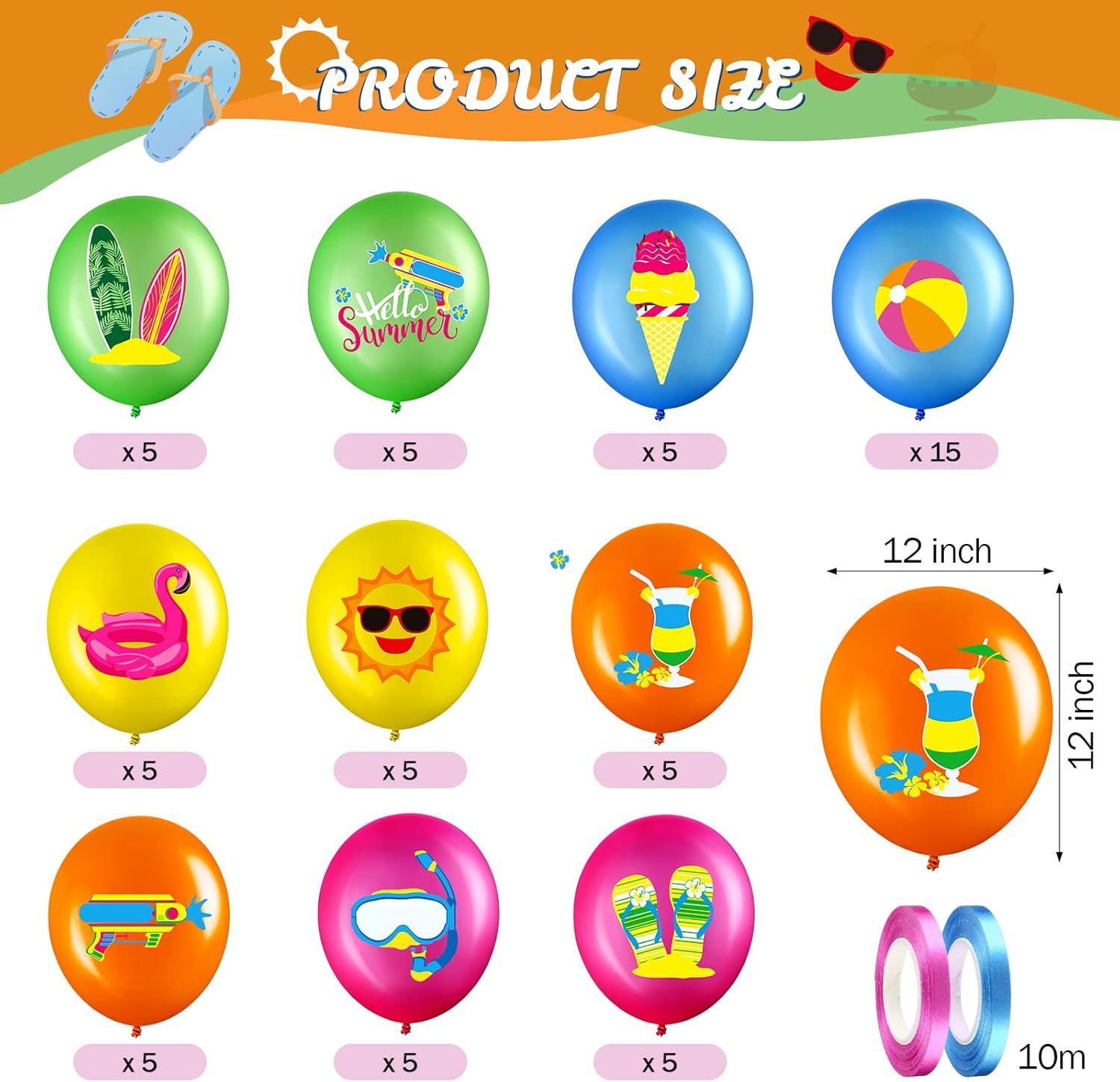 Threan 50 Pcs Summer Party Balloons with Ribbons 12 Inches