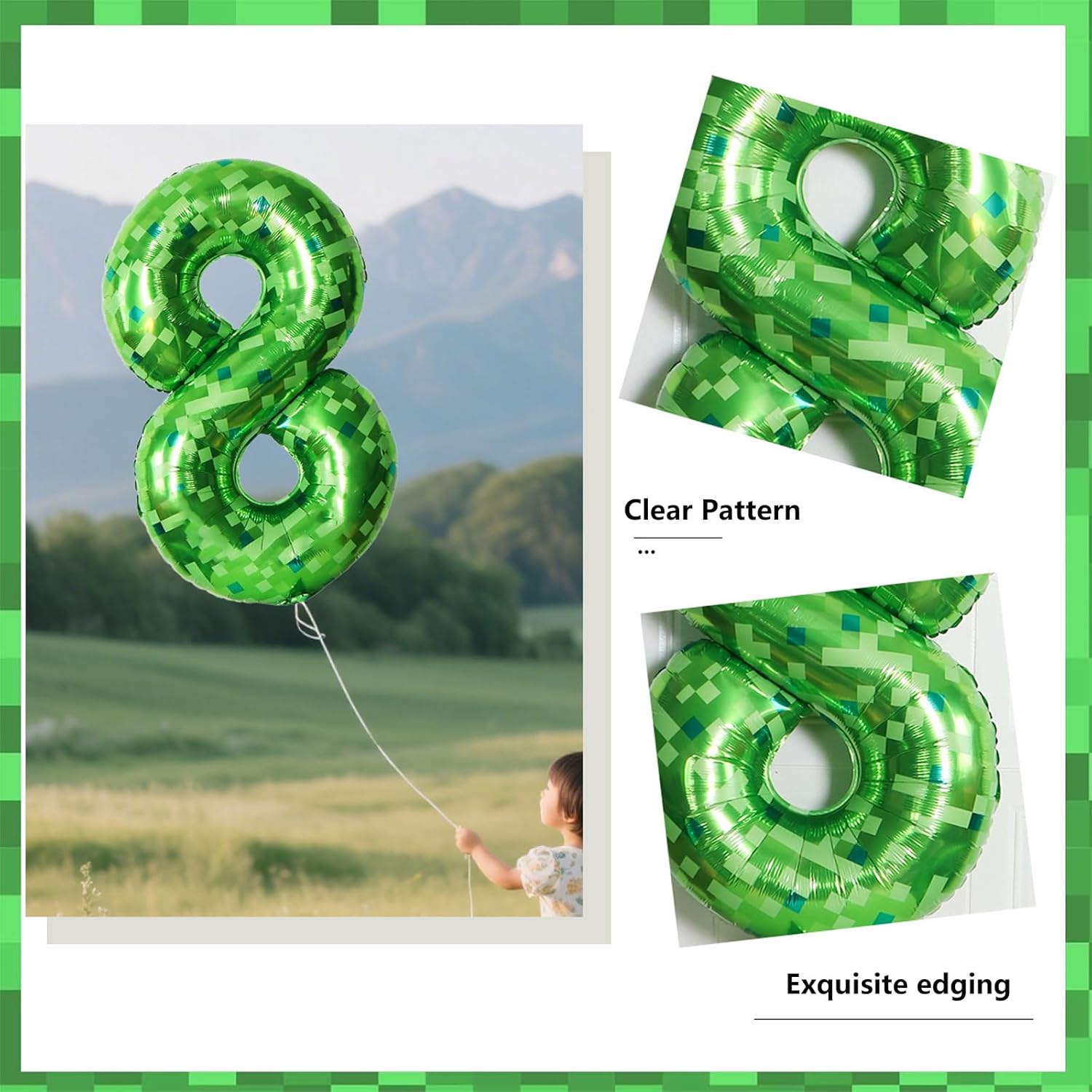 40 Inch Green Pixel Number 7 Foil Balloon Set 5Pcs