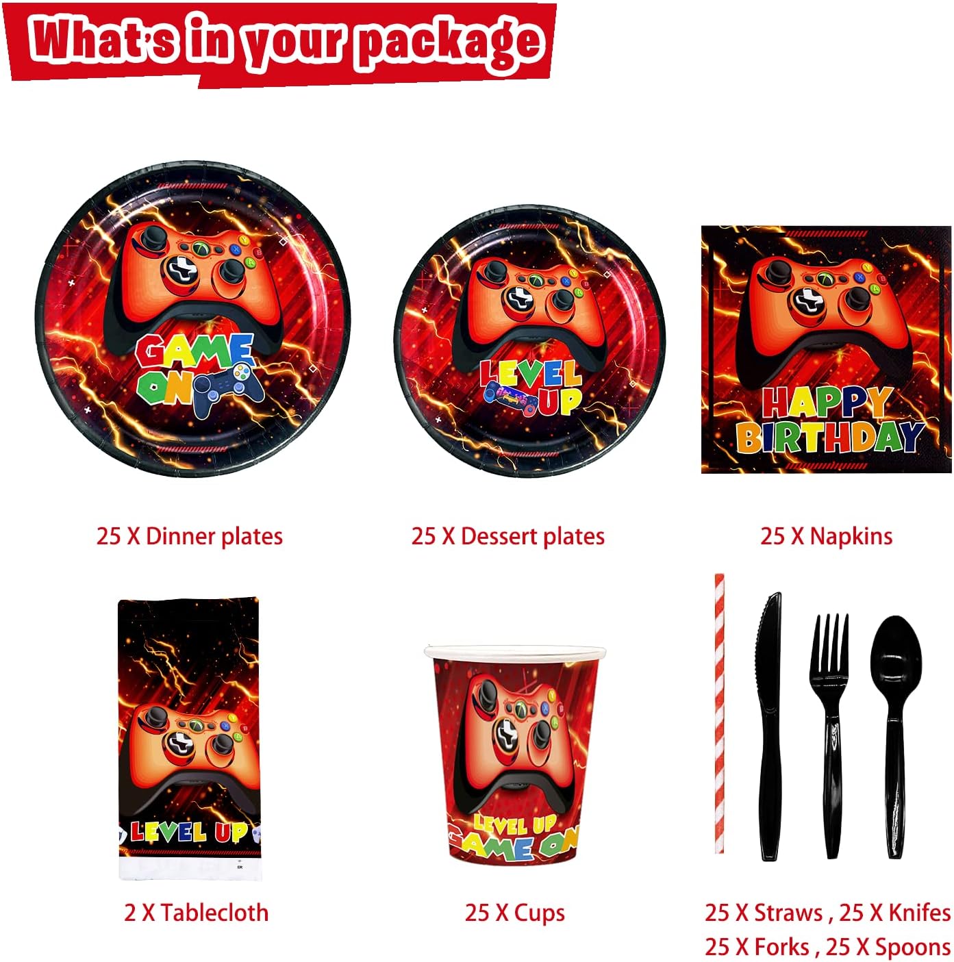 Mpanwen Red Gamer Party Supplies Set - 202Pcs for 25 Guests