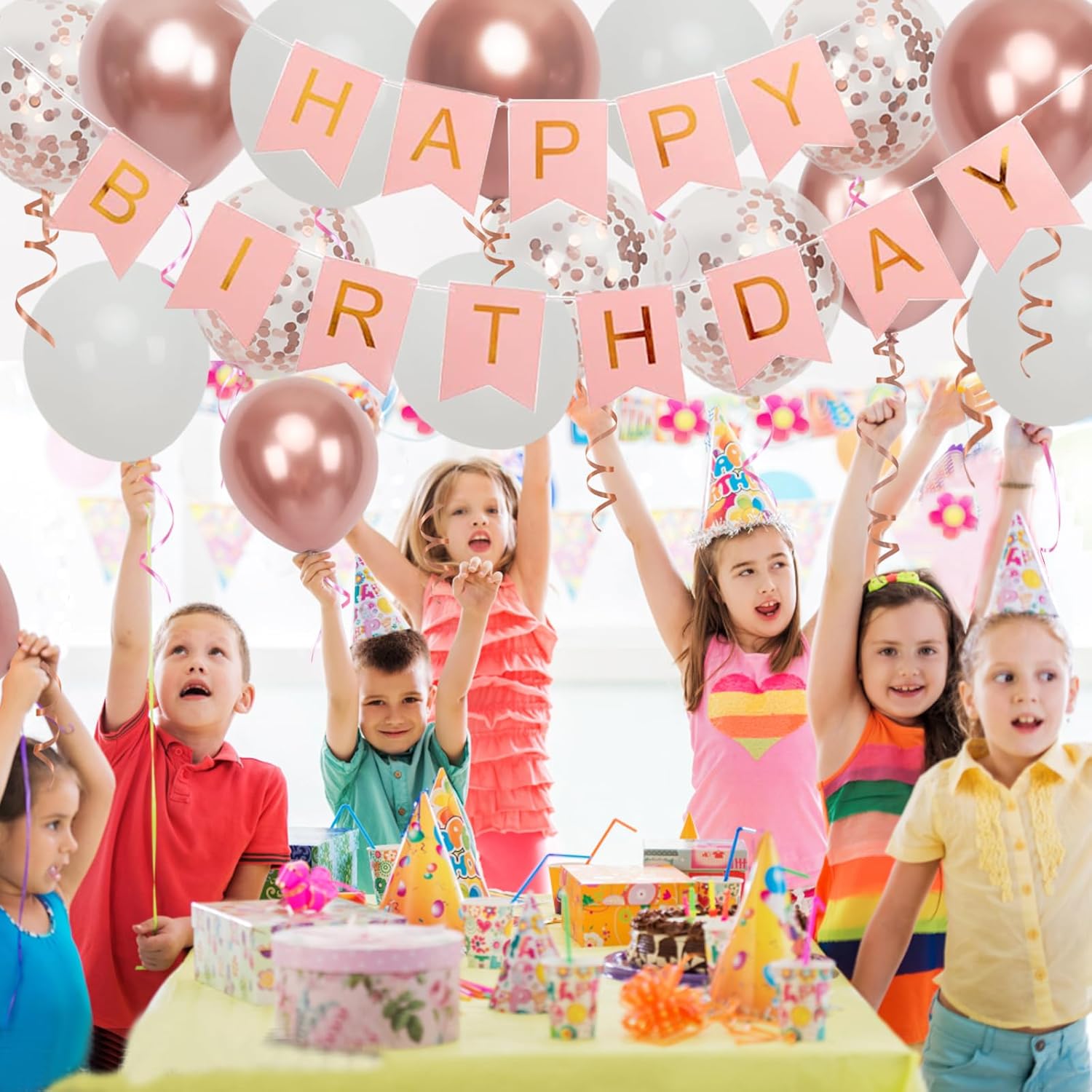Rose Gold Birthday Banner with 16 Balloons and Ribbons
