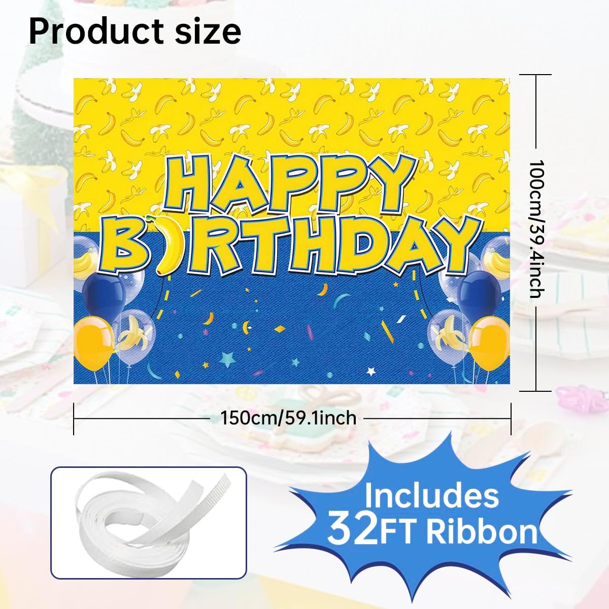 Birthday Party Backdrop Banner with Balloons Yellow Blue Design