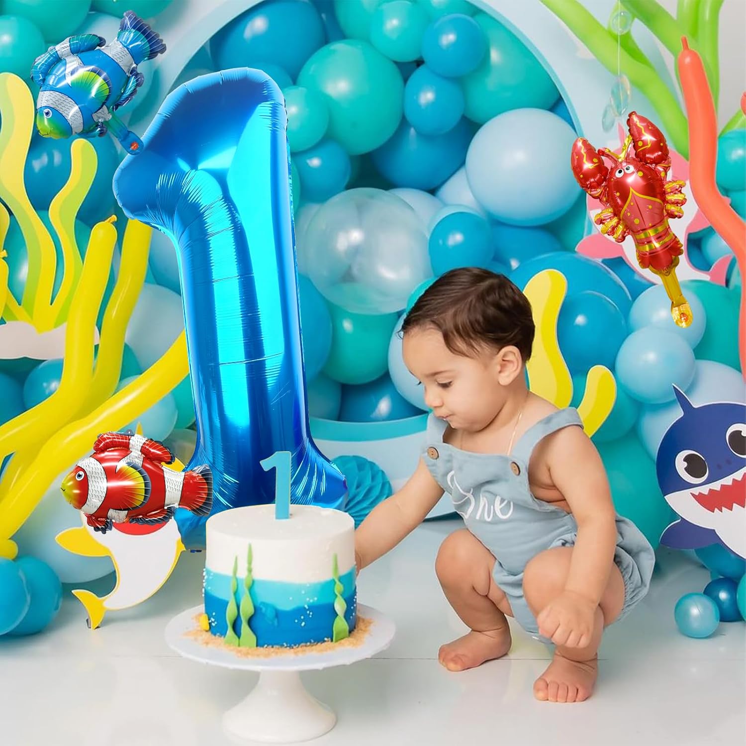 40 Inch Blue Number 1 Balloon with Sea Animal Decor