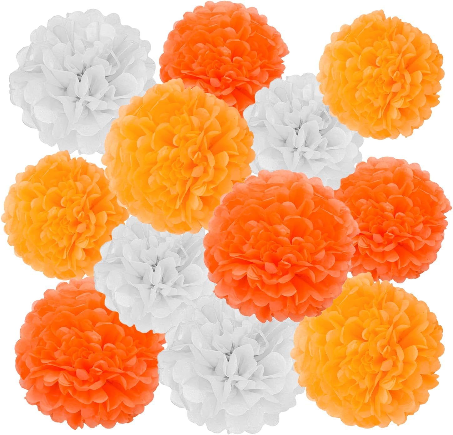 GAKA Orange and White Tissue Paper Pom Poms 12Pcs