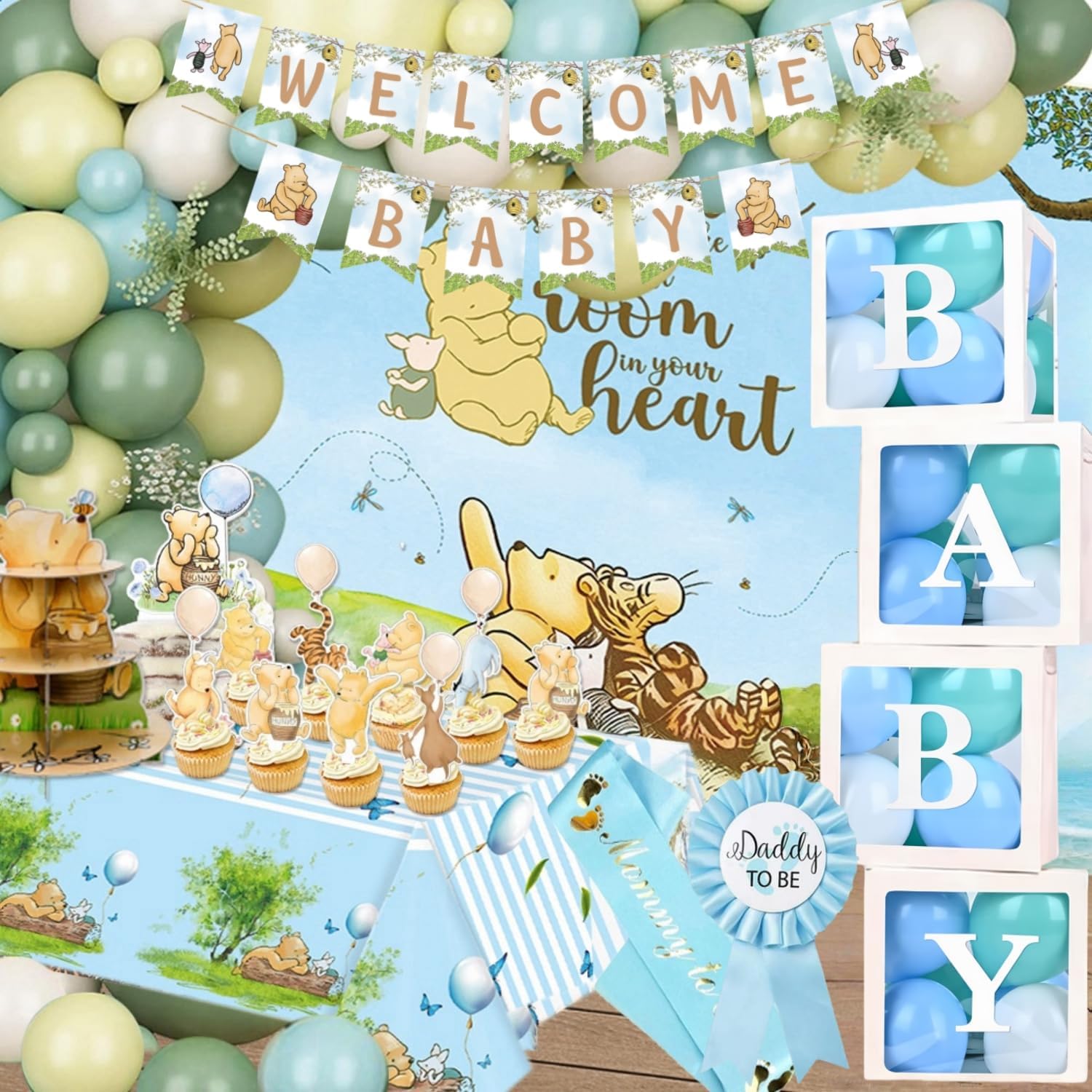 164PCS Blue Winnie Baby Shower Decorations Set