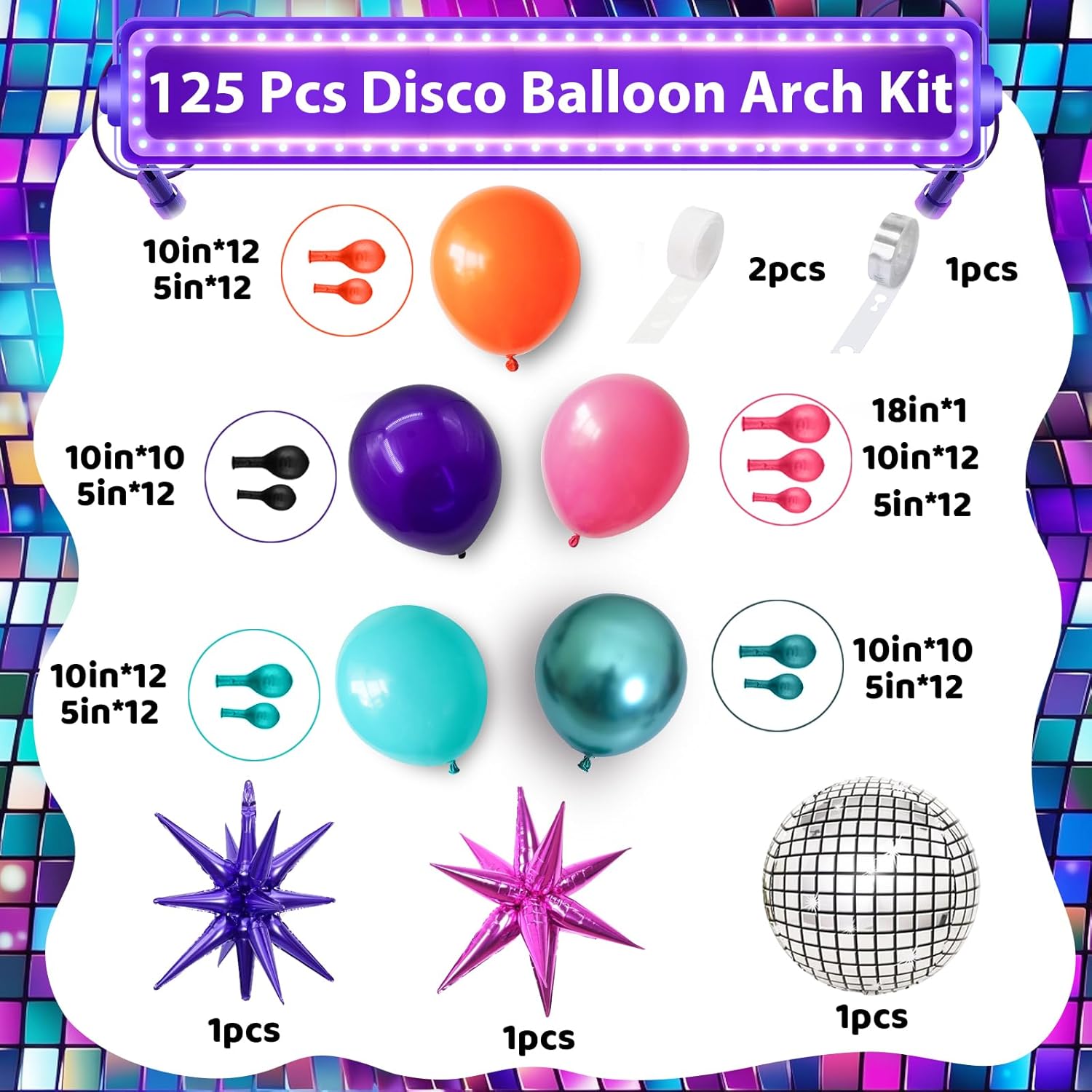 Disco Balloon Arch Kit 125PCS 22 Inch Mylar Balloons