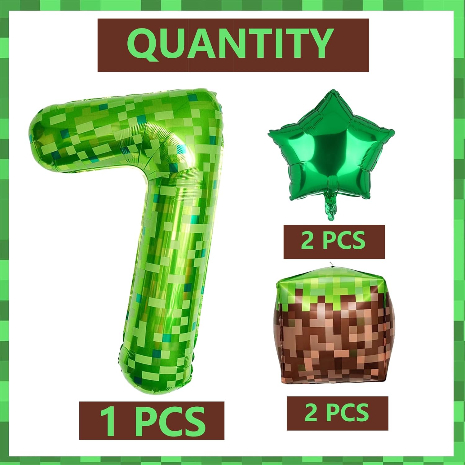 40 Inch Green Pixel Number 7 Foil Balloon Set 5Pcs
